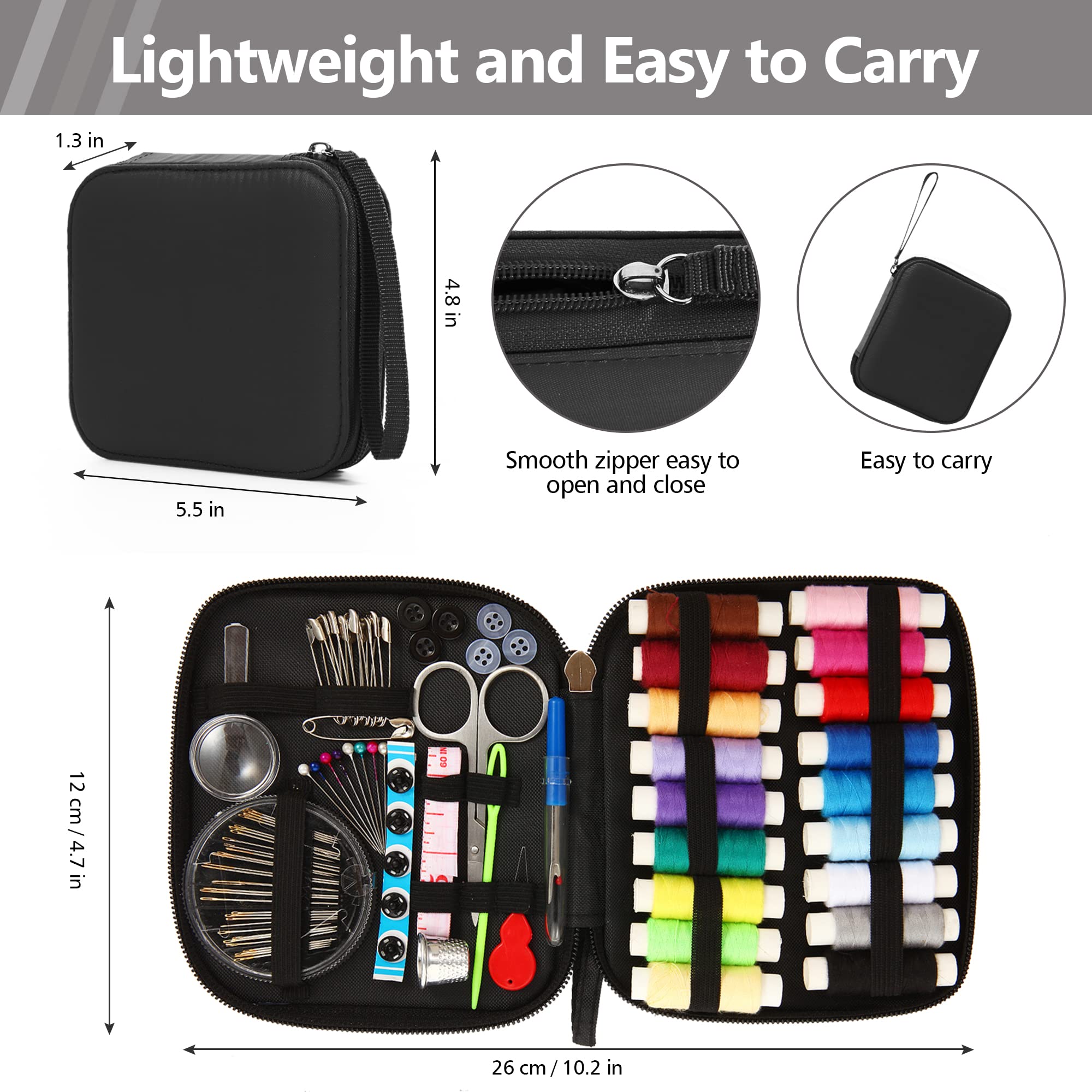AUERVO Sewing Kit, Mini Sewing Kits 87PCS Thread and Needles Set for Adults, DIY,Home, Travel & Emergency with Compact Small Black Zipper Case — view 3