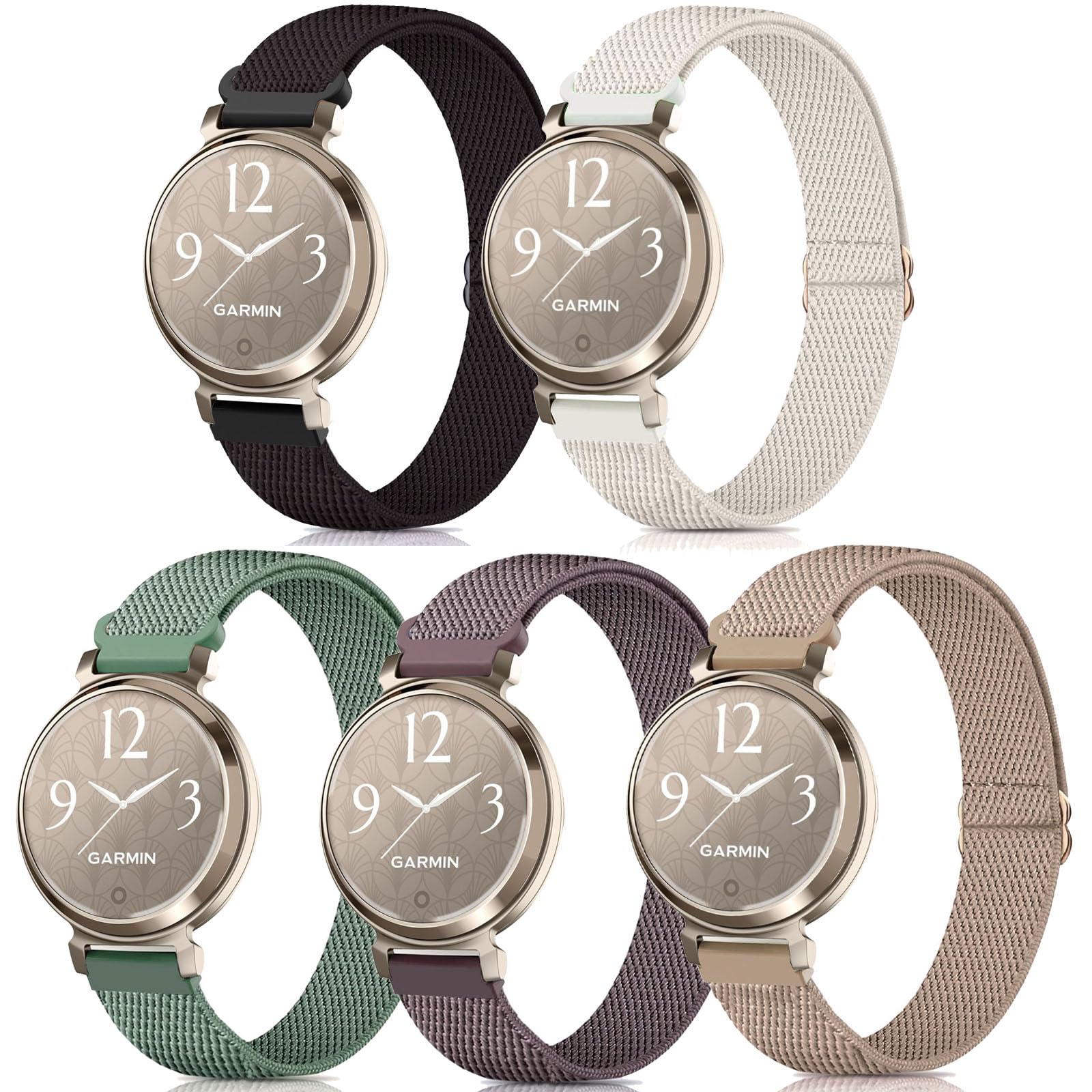 Lot de 5 bracelets de rechange en nylon élastique pour Garmin Lily 2 / Lily 2 Active - Tissu à boucle extensible - Pour Garmin Lily 2 - Unisexe