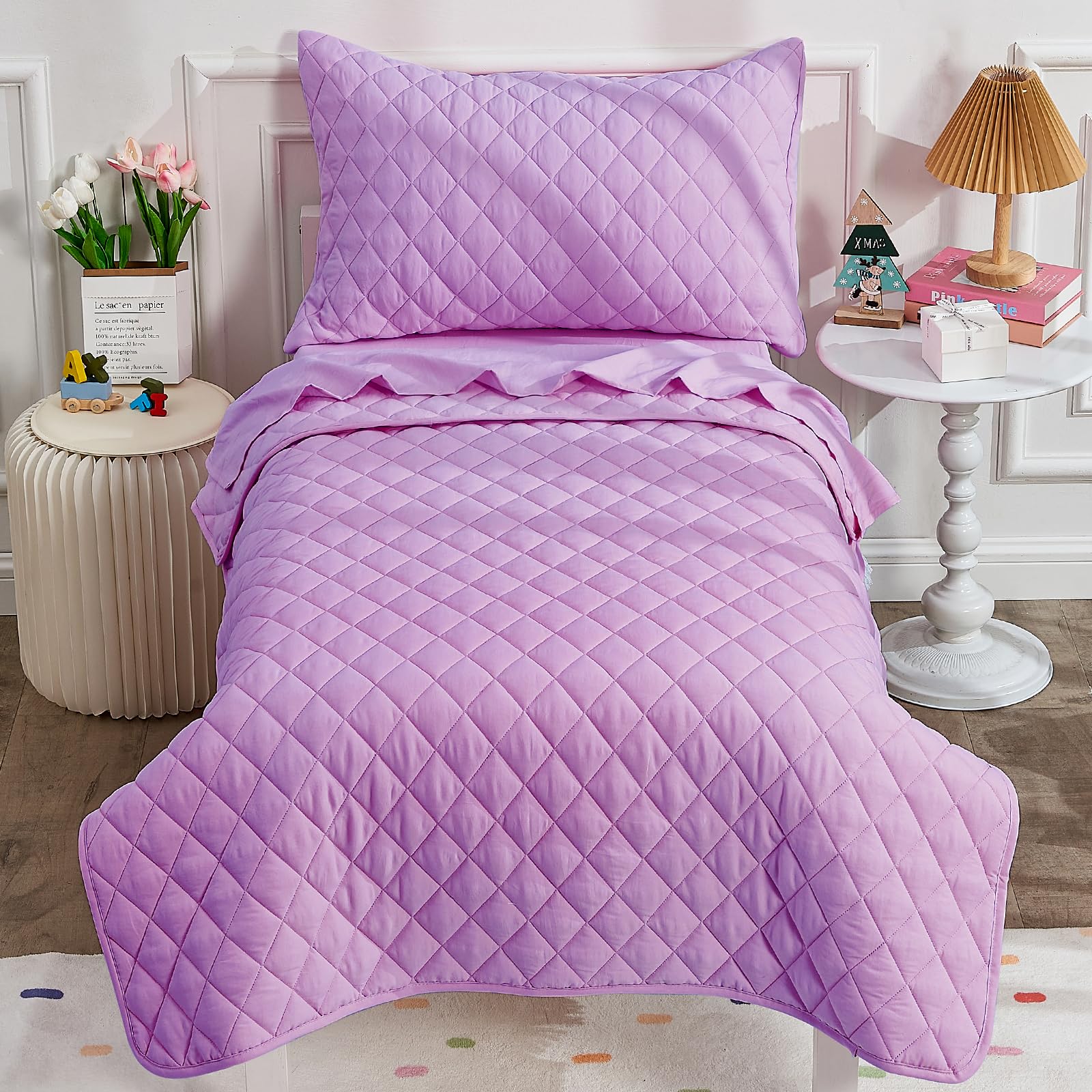 Juego de ropa de cama morado para niñas, juego de cama de 4 piezas para niñas, juego de edredón de color sólido con edredón ligero, sábana encimera, sábana bajera y funda de almohada