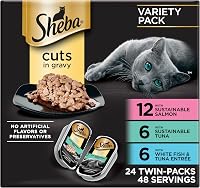 Sheba Perfect Portions Cuts in Gravy Wet Cat Food Variety Pack: Sustainable Salmon, Tuna, Whitefish, 24 Twin Trays (48 Servings) - 4.7 Stars