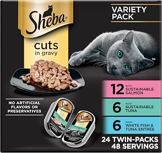 Sheba Perfect Portions Cuts in Gravy Wet Cat Food Variety Pack: Sustainable Salmon, Tuna, Whitefish, 24 Twin Trays (48 Servings) - 4.7 Stars