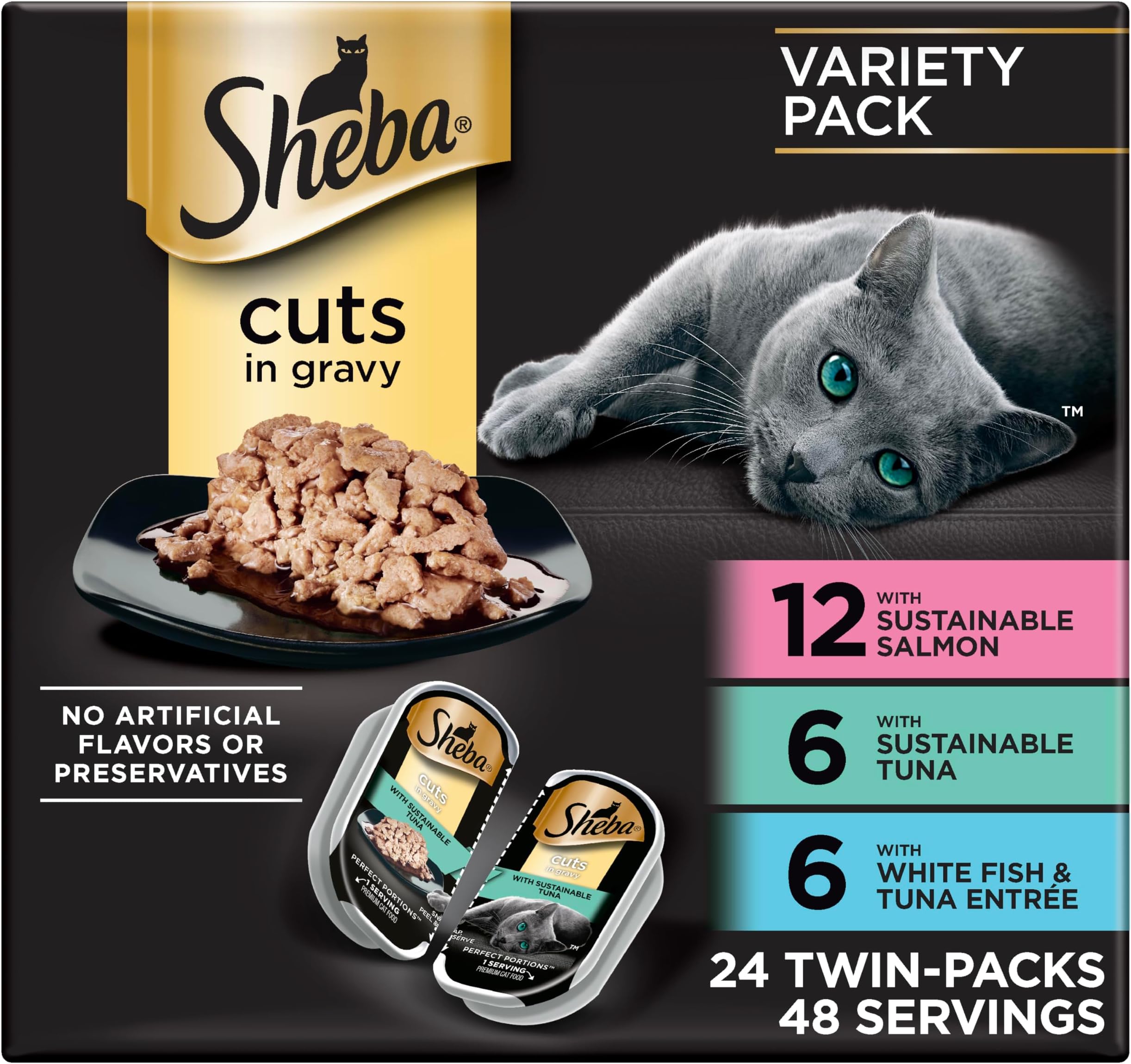 Sheba Perfect Portions Wet Cat Food Cuts in Gravy, Cat Food Wet Recipe, Sustainable Salmon, Tuna, White Fish and Tuna Entree, 2.6 oz. Twin-Pack Trays (24 Count, 48 Servings)