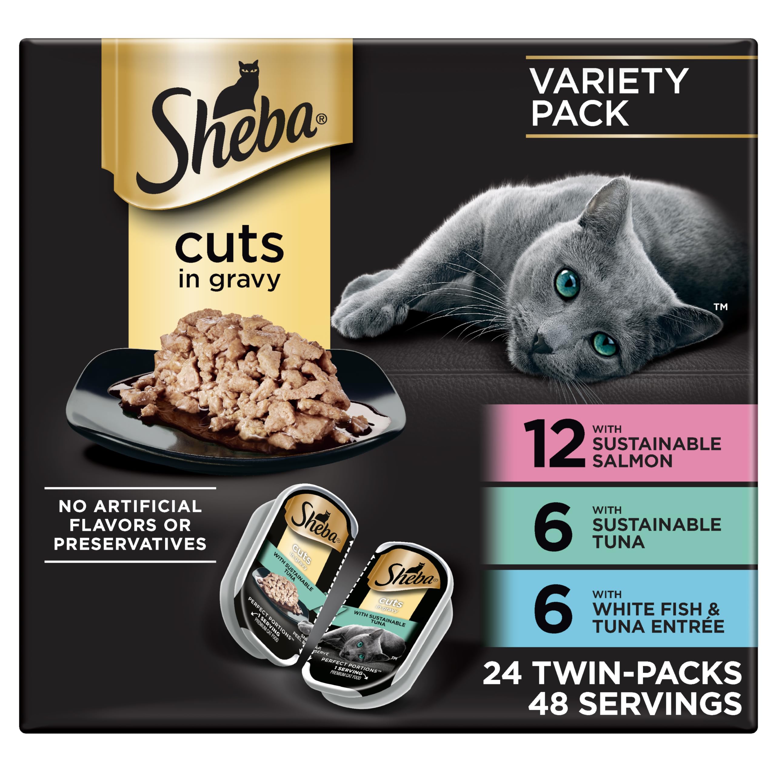 Sheba Perfect Portions Wet Cat Food Cuts in Gravy, with Sustainable Salmon, with Sustainable Tuna, and Delicate White Fish & Tuna, 2.6 oz. Twin-Pack Trays (24 Count, 48 Servings)
