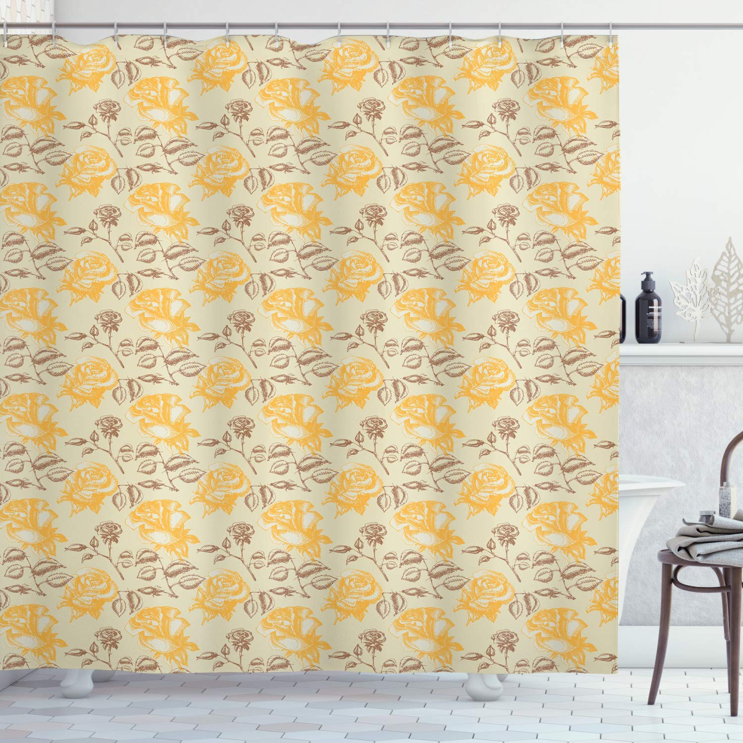 ABAKUHAUS Vintage Floral Shower Curtain, Sketch Style Romantic Roses Love Flower Valentine's Day Theme