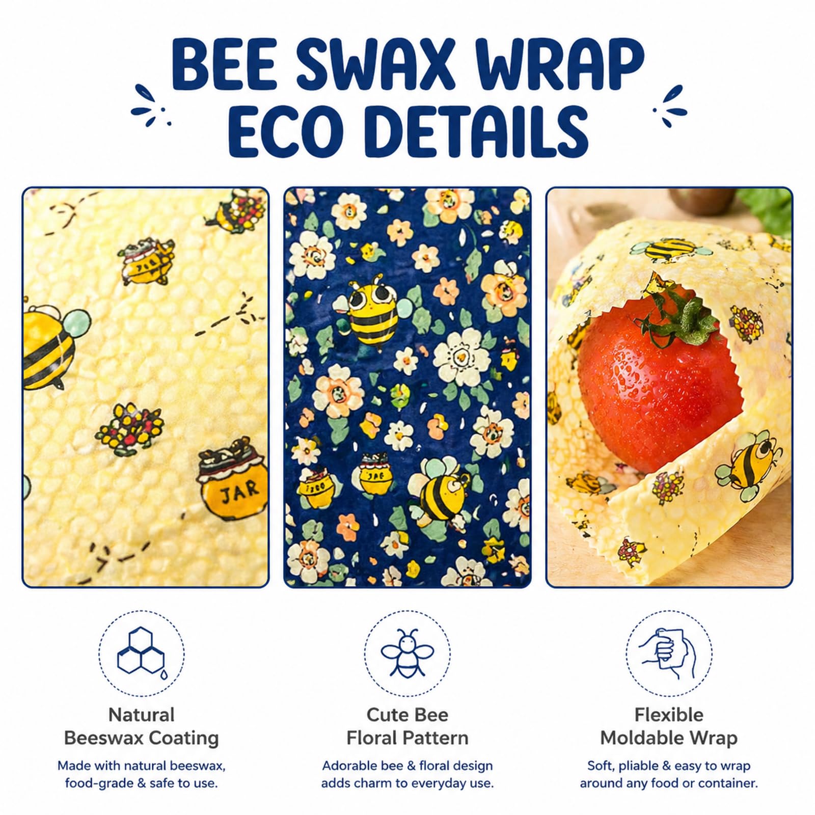 Set 8 Paños De Cera De Abeja Reutilizables, Algodón Orgánico (2XL 2L 2M 2S), Alternativa Práctica A Plástico, Uso para Frutas Pan Y Cocina, Fácil Limpieza Y Almacenamiento