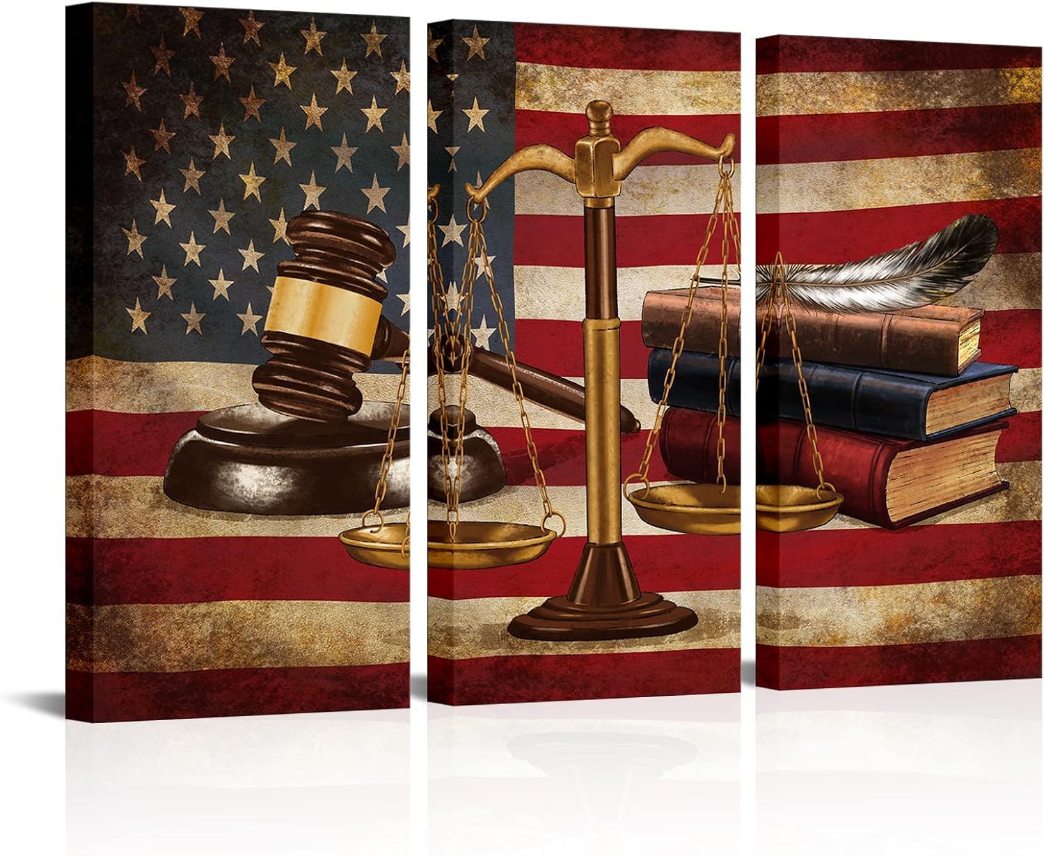 NutArtPic Justice Legal Canvas American Flag Wall Art Law Firm Scales Justice Picture Painting Vintage Artwork for Court Home Lawyer Office Study Room Decor Gallery Wrapped 16''x32''x3pcs