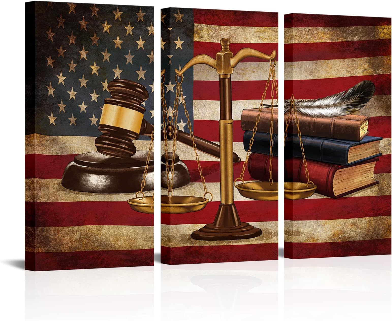 NutArtPic Justice Legal Canvas American Flag Wall Art Law Firm Scales Justice Picture Painting Vintage Artwork for Court Home Lawyer Office Study Room Decor Gallery Wrapped 16''x32''x3pcs