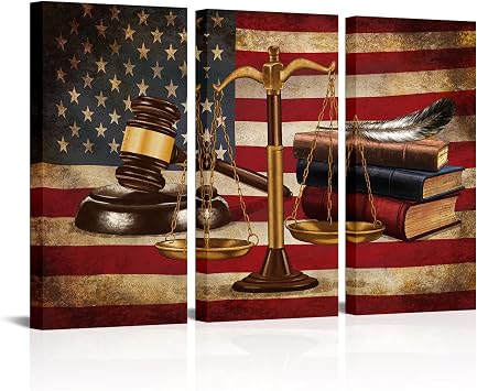 NutArtPic Justice Legal Canvas American Flag Wall Art Law Firm Scales Justice Picture Painting Vintage Artwork for Court Home Lawyer Office Study Room Decor Gallery Wrapped 16x32x3pcs