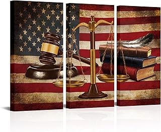 NutArtPic Justice Legal Canvas American Flag Wall Art Law Firm Scales Justice Picture Painting Vintage Artwork for Court Home Lawyer Office Study Room Decor Gallery Wrapped 16''x32''x3pcs