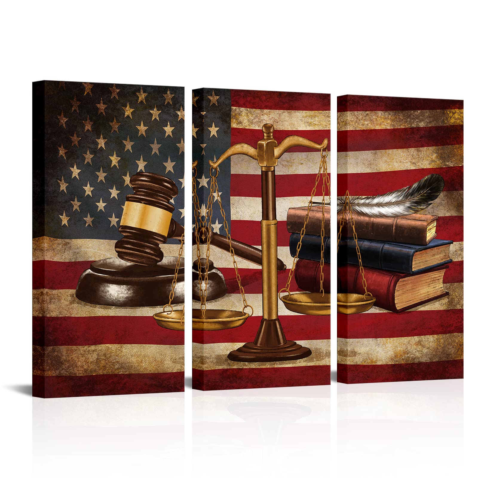 NutArtPic Justice Legal Canvas American Flag Wall Art Law Firm Scales Justice Picture Painting Vintage Artwork for Court Home Lawyer Office Study Room Decor Gallery Wrapped 16''x32''x3pcs