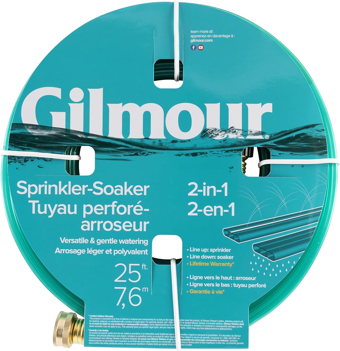 Gilmour 2-in-1 Sprinkler Soaker Hose 25 ft, Kink-Free Water Hose with Holes | Heavy Duty Brass Couplings, Even Flow for Lawn, Vegetable Garden, Flower Bed & New Grass Seed