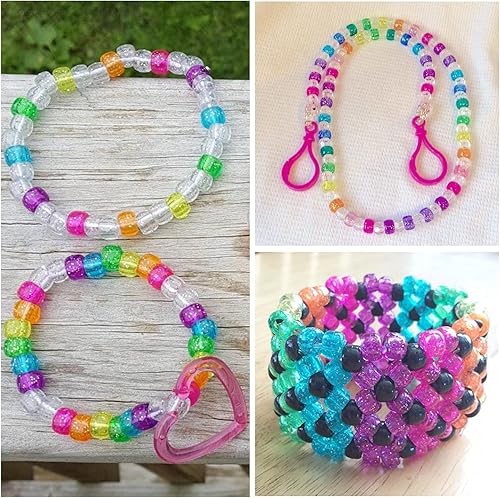 Miniatura 8 de 1200 cuentas de poni de plástico transparente con purpurina de 0.236 x 0.394 pulgadas, cuentas transparentes con purpurina brillante, 10 colores