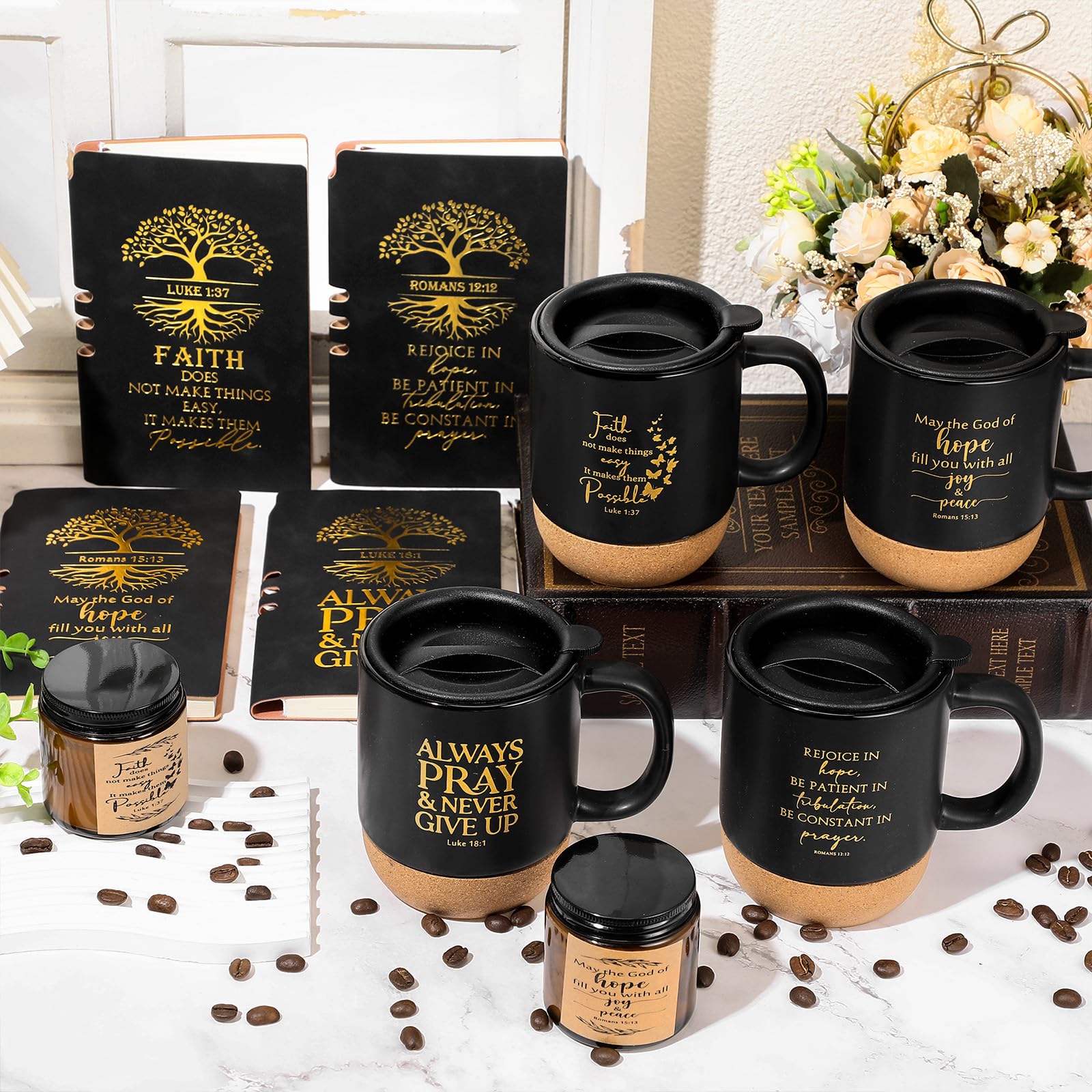 FillTouch 16 Pcs Christian Gift Church Father's Day Bulk Religious Bible Verse Prayer Journal Coffee Mug Candle Set for Man of God Pastor Father Dad Bible Study CNA Gifts (Hope,Black)