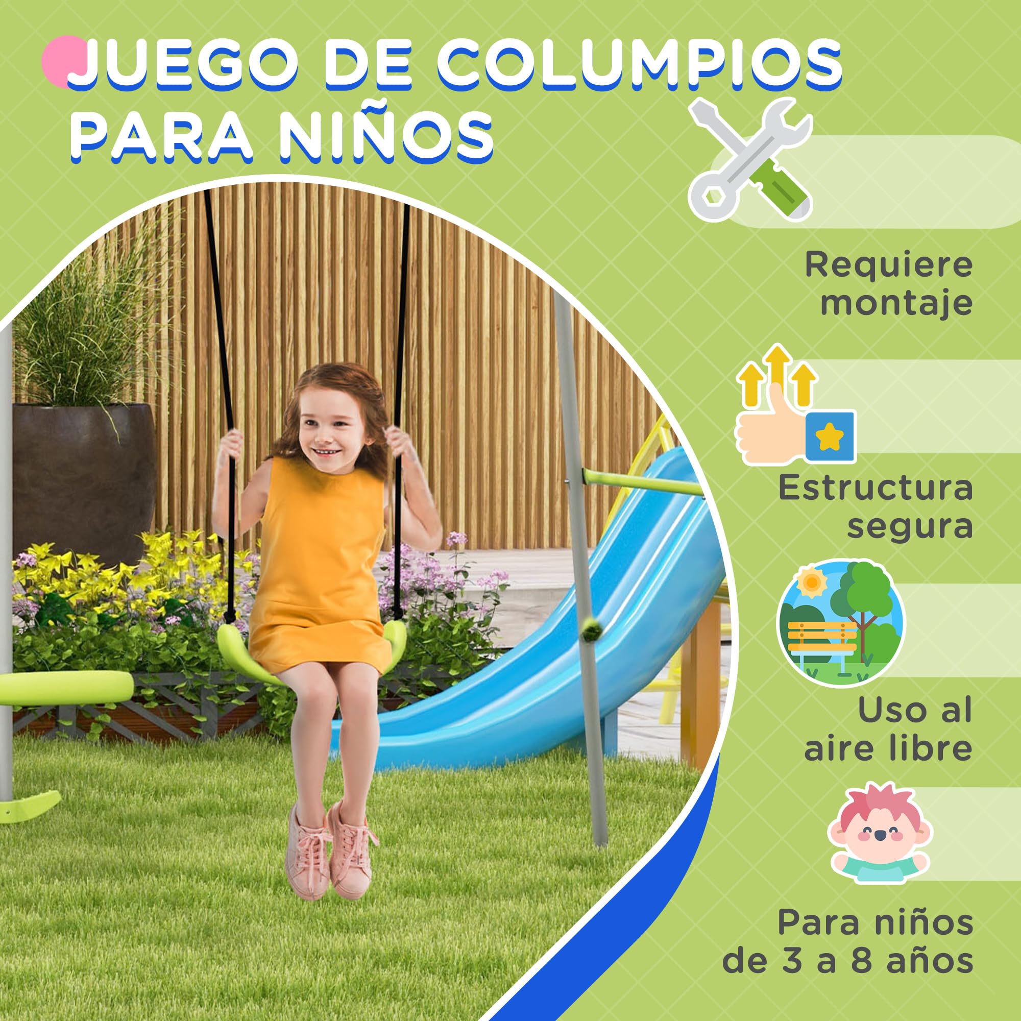 Outsunny Columpio para Niños Anti-UV 135 kg 255x160x180 cm Gris y Verde | Columpio Jardín Exterior, 1 Simple, 1 Planeador