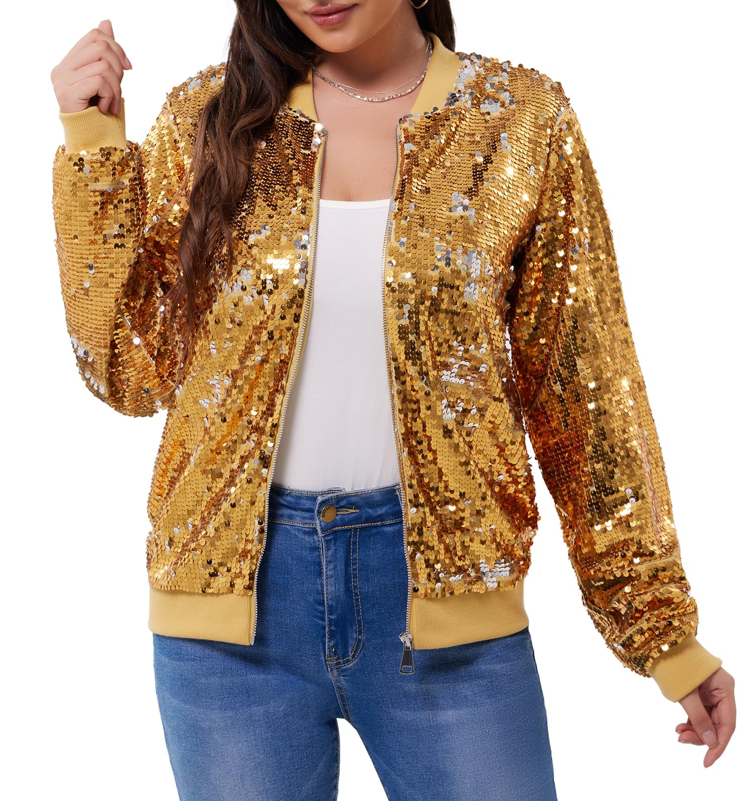 WULFUL Women's Sequin Jackets Sparkly Glitter Long Sleeve Front Zip Bomber Blazers Party Costume