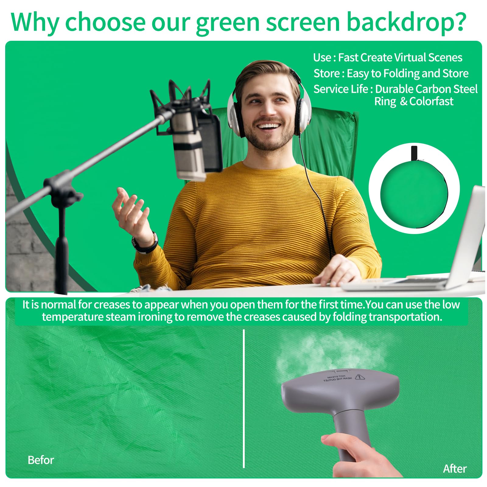 Green Screen Background with Stand,SRIMMIT Upgrade 1.42m(4.65ft) Collapsible Greenscreen Backdrop,Pop Up Green Screen with Storage Bag,Portable Backdrop for Gaming,Live Streaming,Zoom Meeting - Image 4