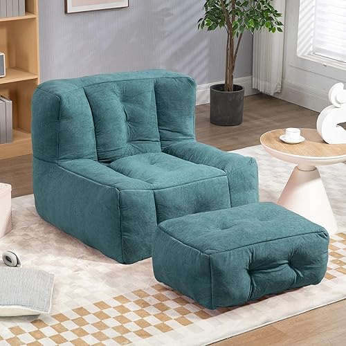 Miniatura 1 de mikibama Puf con otomana, cómodo sofá grande perezoso, puf de espuma rellena, puff de terciopelo esponjoso, sala de estar, dormitorio (verde)