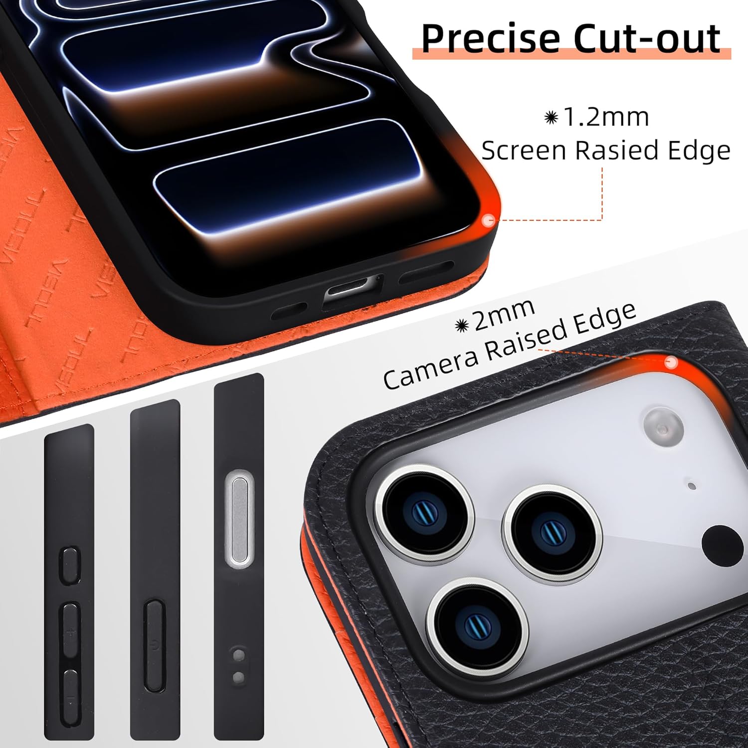 VISOUL Pebbled Leather Wallet Case for iPhone 17 Pro 6.3” 2025, Genuine Leather Flip Folio Cover, RFID Blocking Card Holders, Kickstand, Soft TPU Shell, Protective Flip Cover -Black+Orange