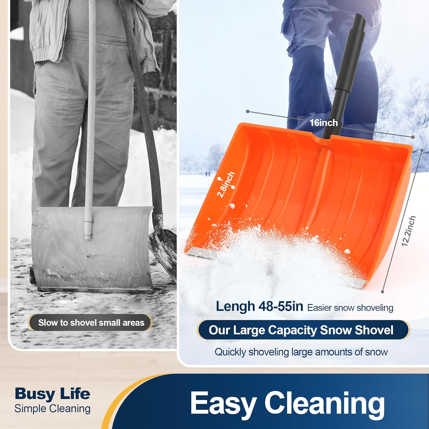 Yocada Snow Shovel 55" Long for Home Garage Driveway Snow Removal with D-Grip Handle Aluminum Strip Large Capacity Orange Shovel for Garden Car Camping Outdoor