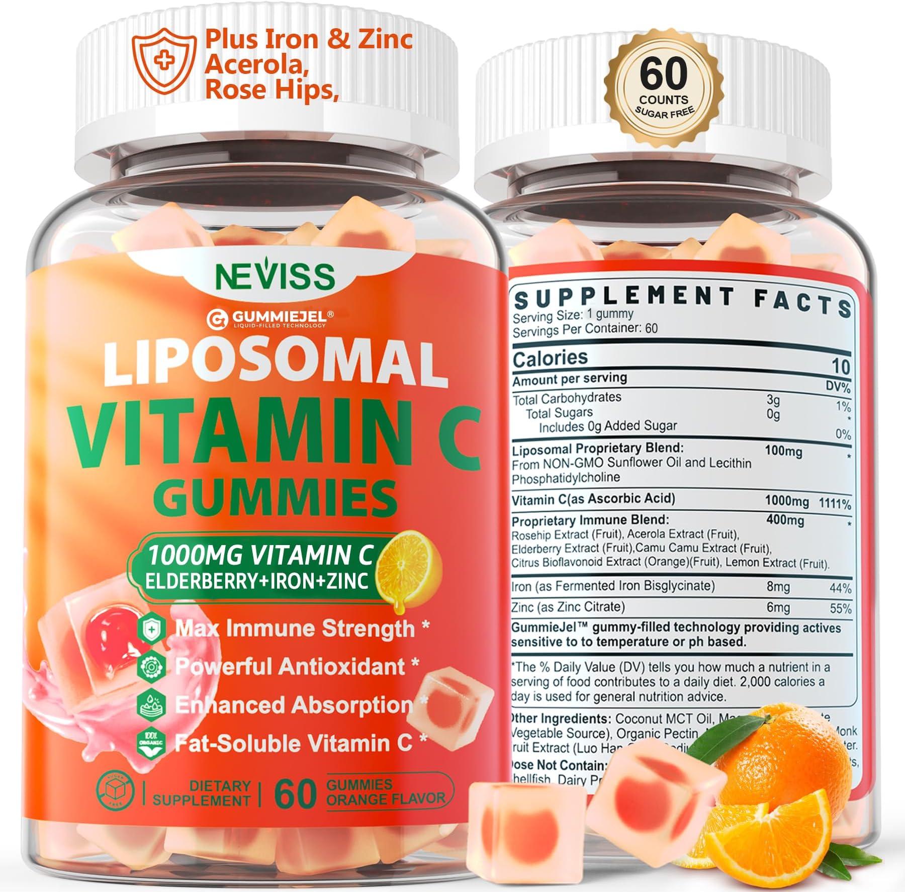 - Liposomal Vitamin C 1000mg Gummies for Adults - Vitamin C Chewable with Elderberry, Zinc & 8mg Iron, Sugar Free Vit C Supplements, Daily Immune Support Gummies for Energy, Collagen Booster 60 Counts