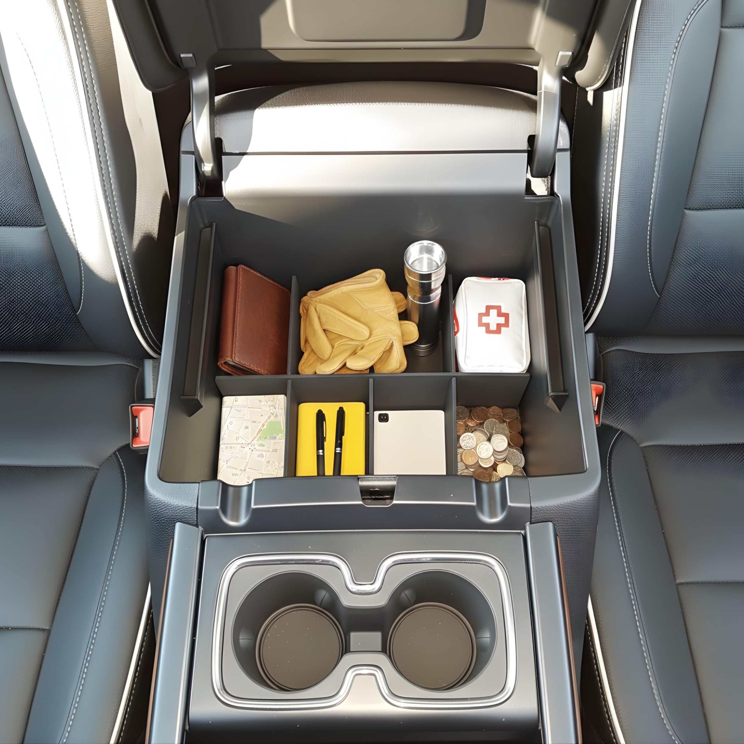 Vehicle OCD Organizer konsoli środkowej do Chevy Silverado 1500 / GMC Sierra 1500 (2014-18) i 2500/3500 HD (2015-19) (tylko pełna konsola z fotelami kubełkowymi) - Wyprodukowano w USA - SLX115