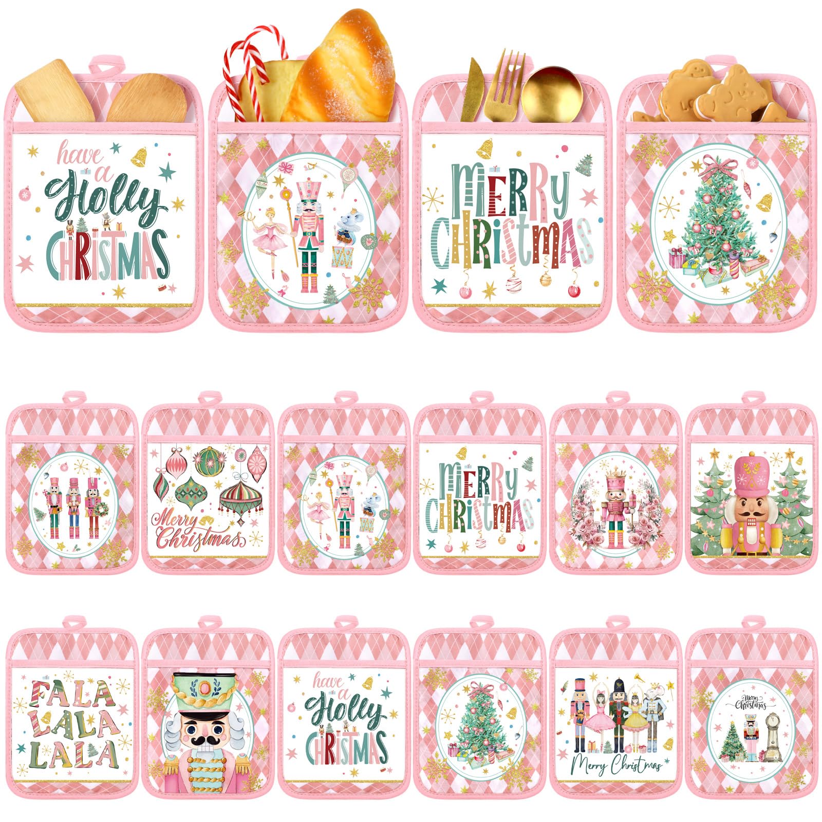 Jingmore 12 Pcs Pink Christmas Pot Holders with Pocket for Kitchen