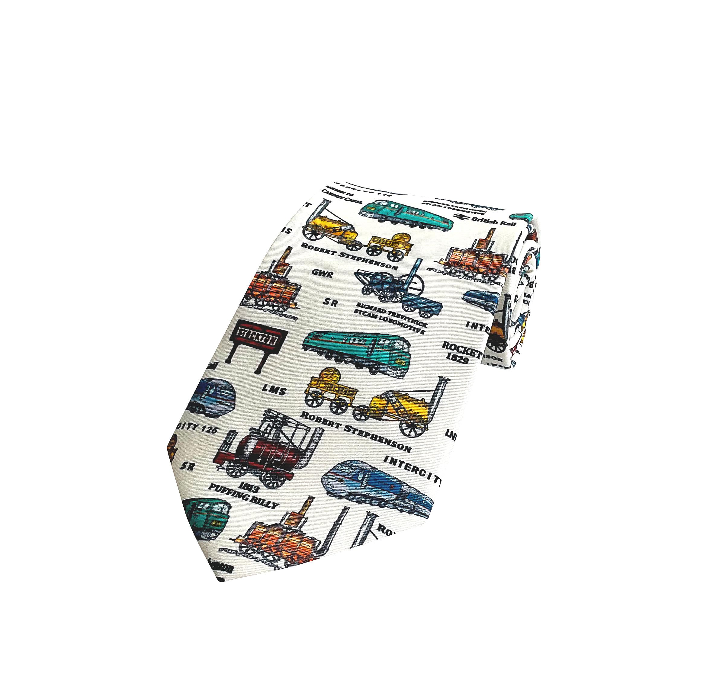Tie Studio Polyester Tie - History of Trains on Black (TS1083) (White)