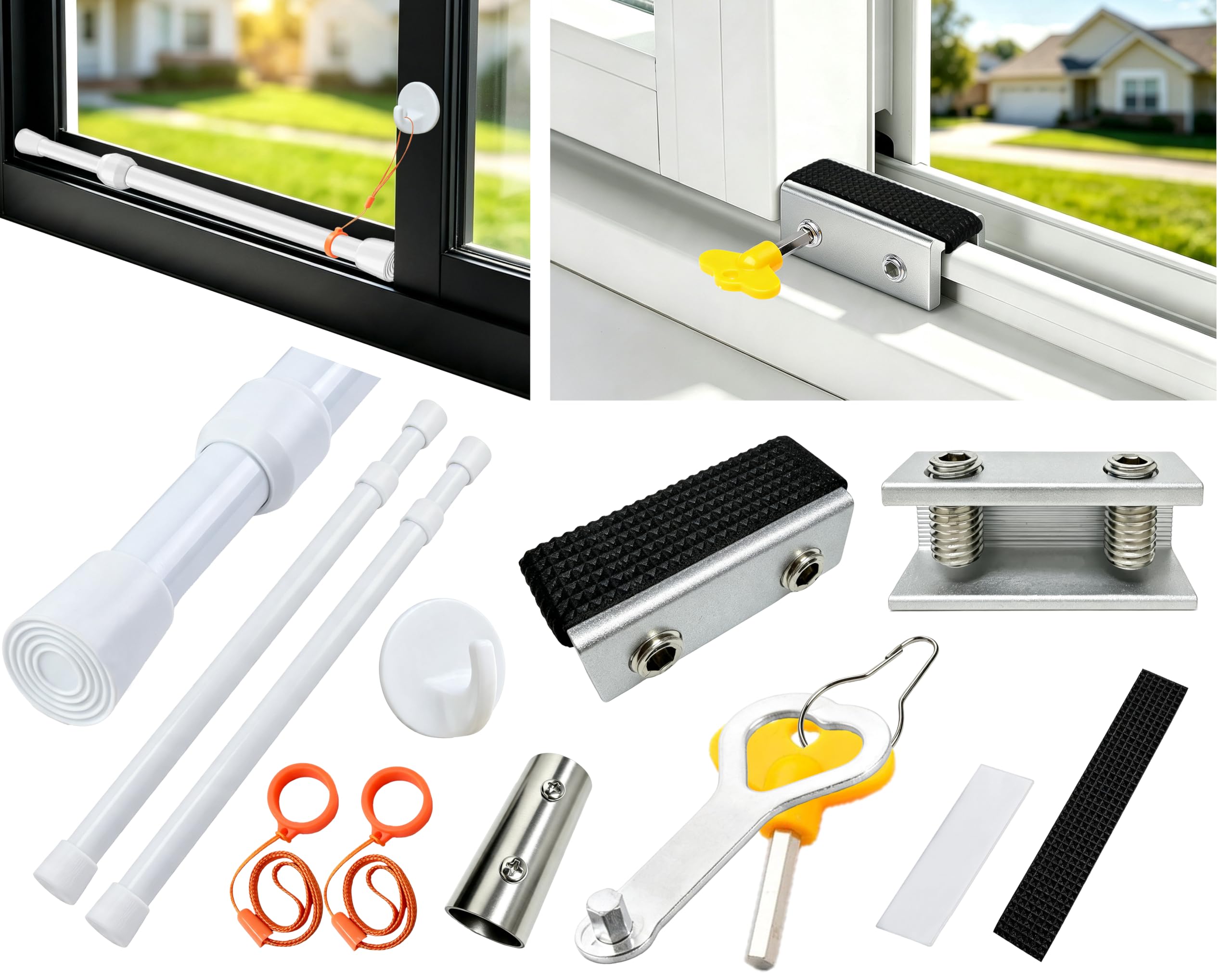 Up to 55.1" Window Security Bar & Window Locks 4 Pack, 2 Connectable Adjustable Tension Bars & 2 Sliding Locks for Horizontal & Vertical Windows, Child & Pet Safety