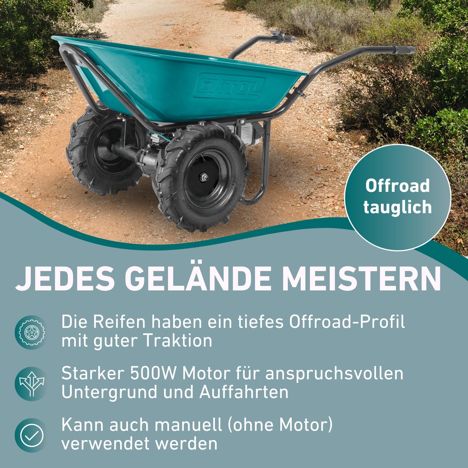 Extol Industrial Elektrische Schubkarre mit Akku I 100L Mulde I 260kg Traglast I 500W I 40V Li-ion mit 6000mAh