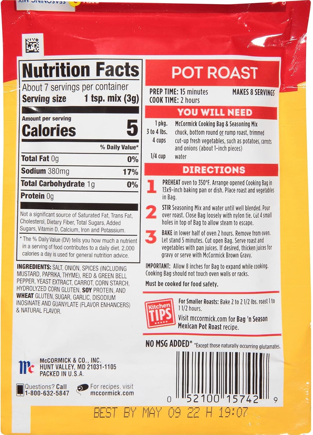 McCormick Pot Roast Bag n' Season, 0.81 oz, 6 pk