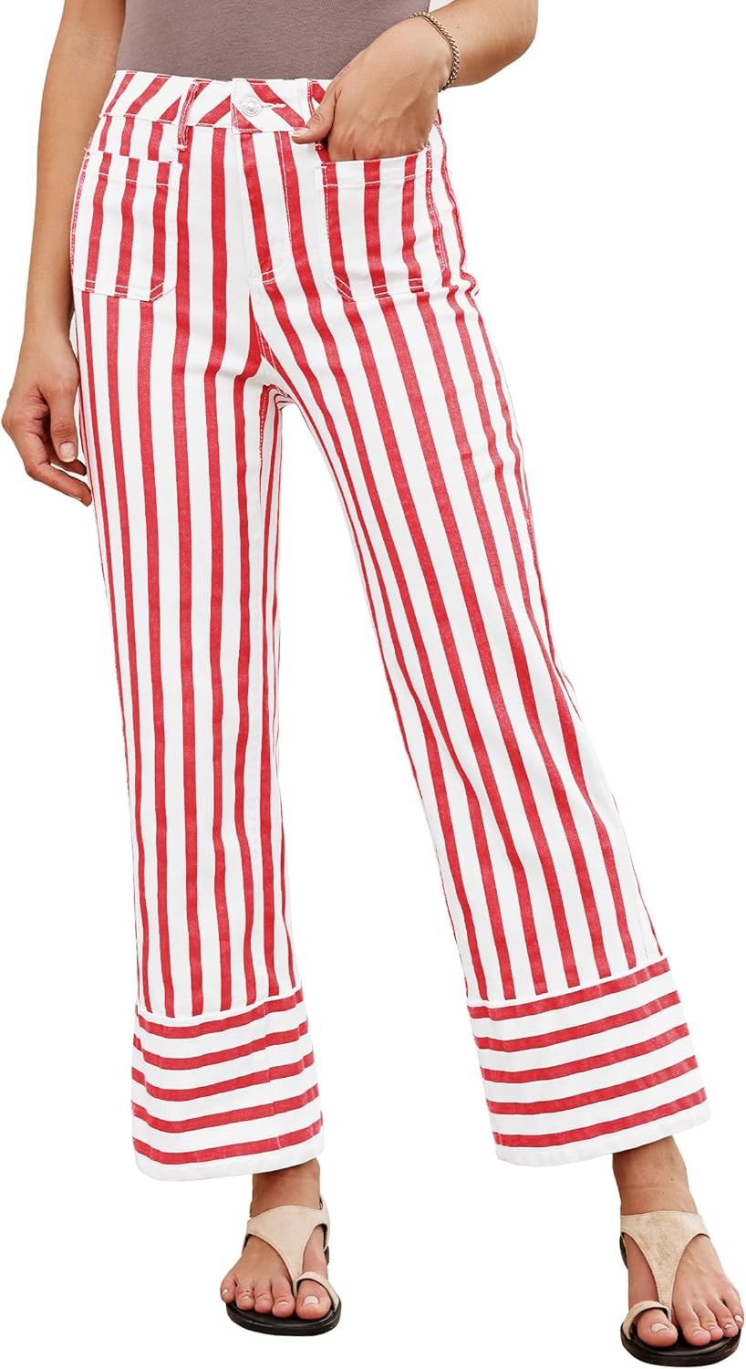 luvamia Striped Jeans for Women Wide Leg High Waisted Trendy Patch Pockets Stretchy Denim Pants Casual Trouser Jeans