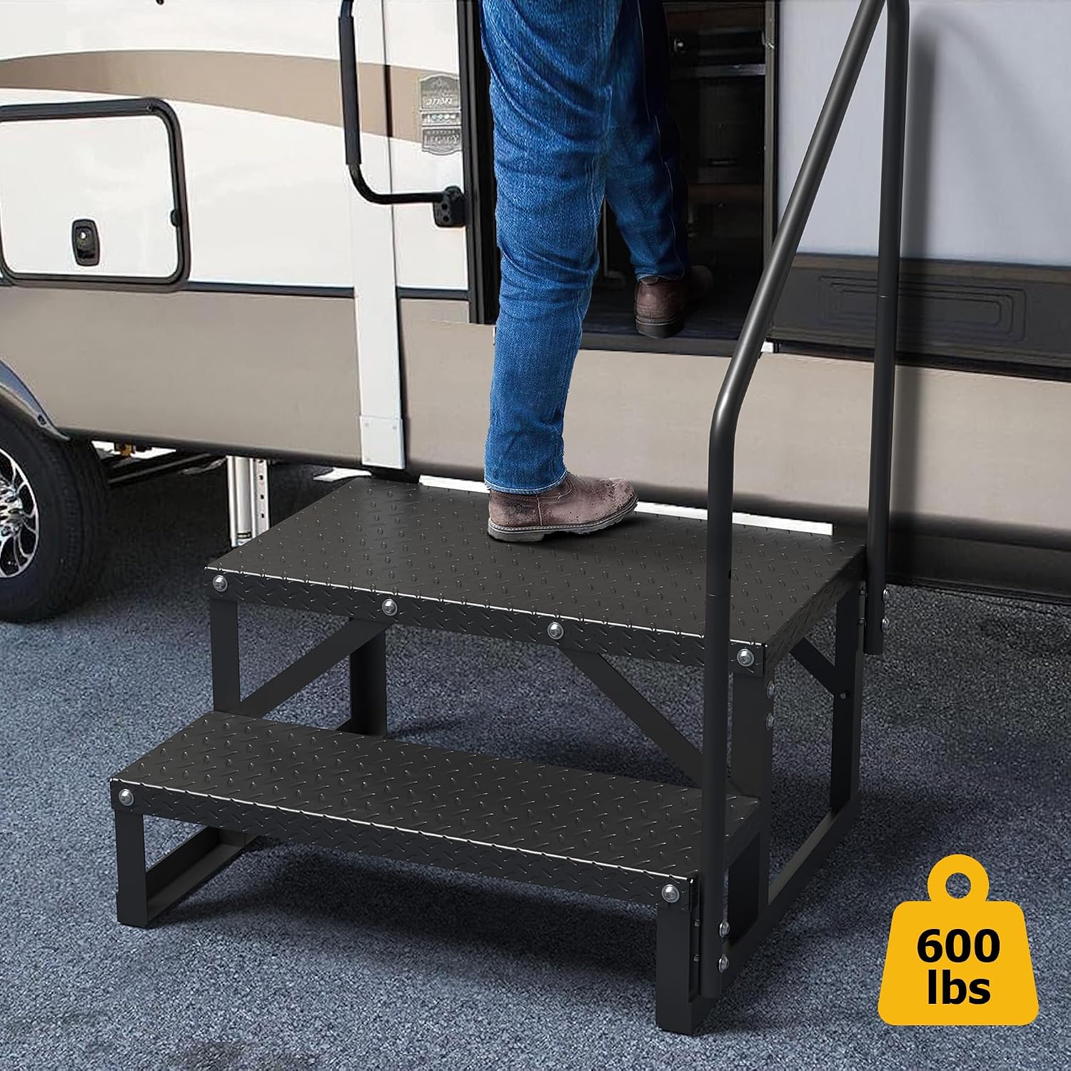 RV Steps with Handrail, 2 Step RV Steps, Anti-Slip Panel, 660lb Capacity Hot Tub Steps, Portable Trailer Ladder for Outdoor, Camping, Travel