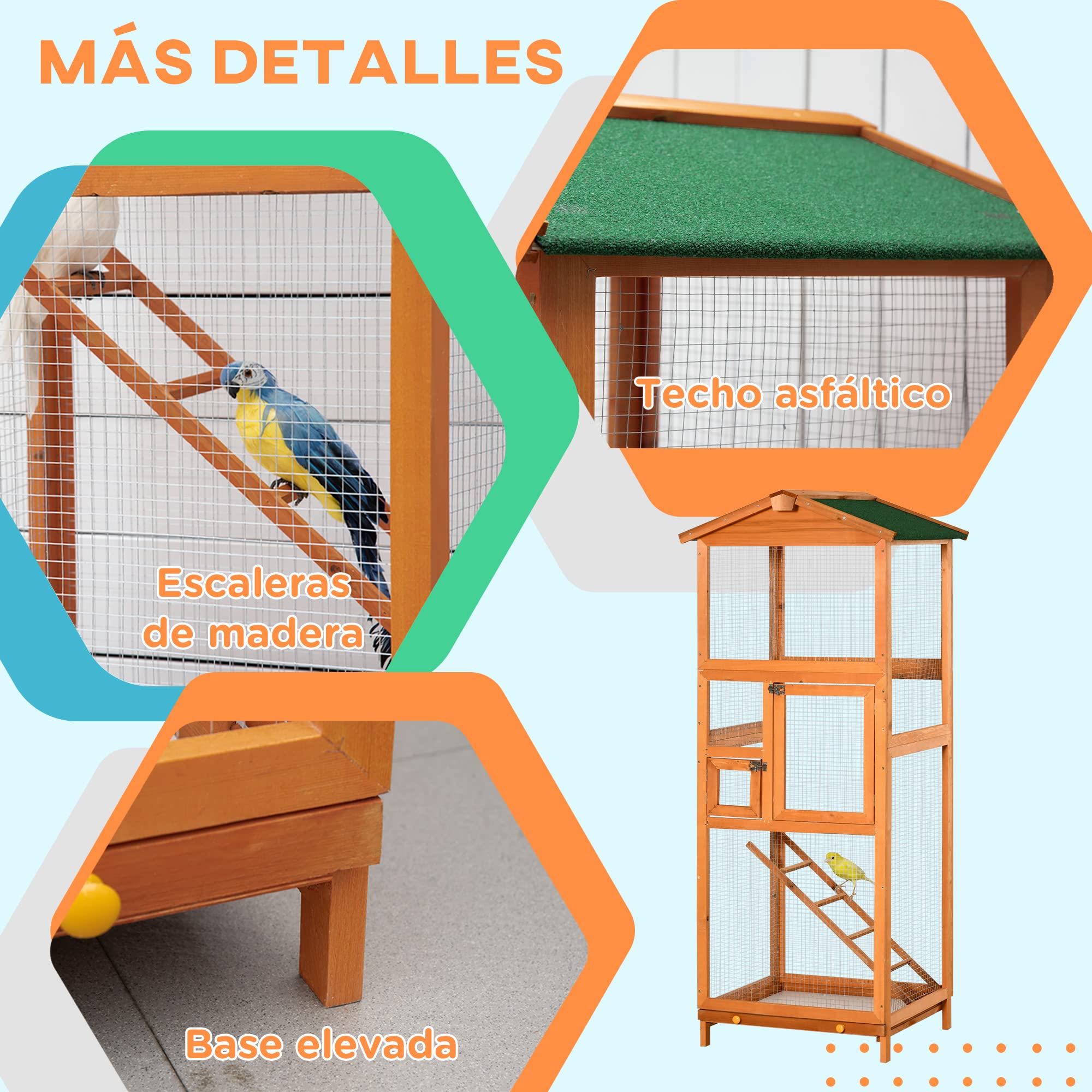 PawHut Jaula para Pájaros Grande 68x63x165 cm Madera | Pajarera de Madera de Abeto, 2 Puertas, Bandeja Extraíble, Techo Asfáltico