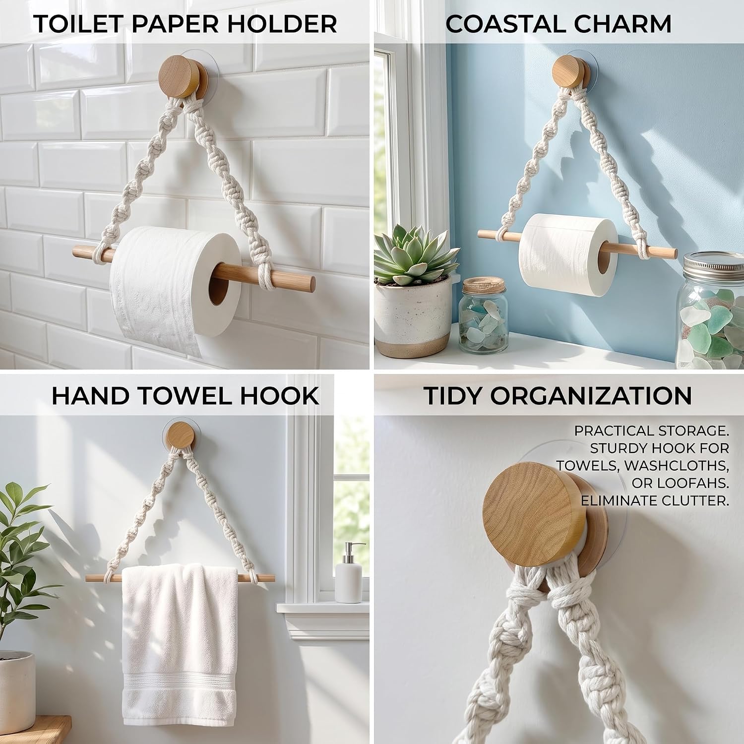 Macrame Toilet Paper & Hand Towel Holder: Wall Mounted Dispenser Rack | No Drill Adhesive Boho Farmhouse Nautical Wooden Towel Hanger - Tissue Rolls for RV, Apartment, Beach House Bathroom Decor
