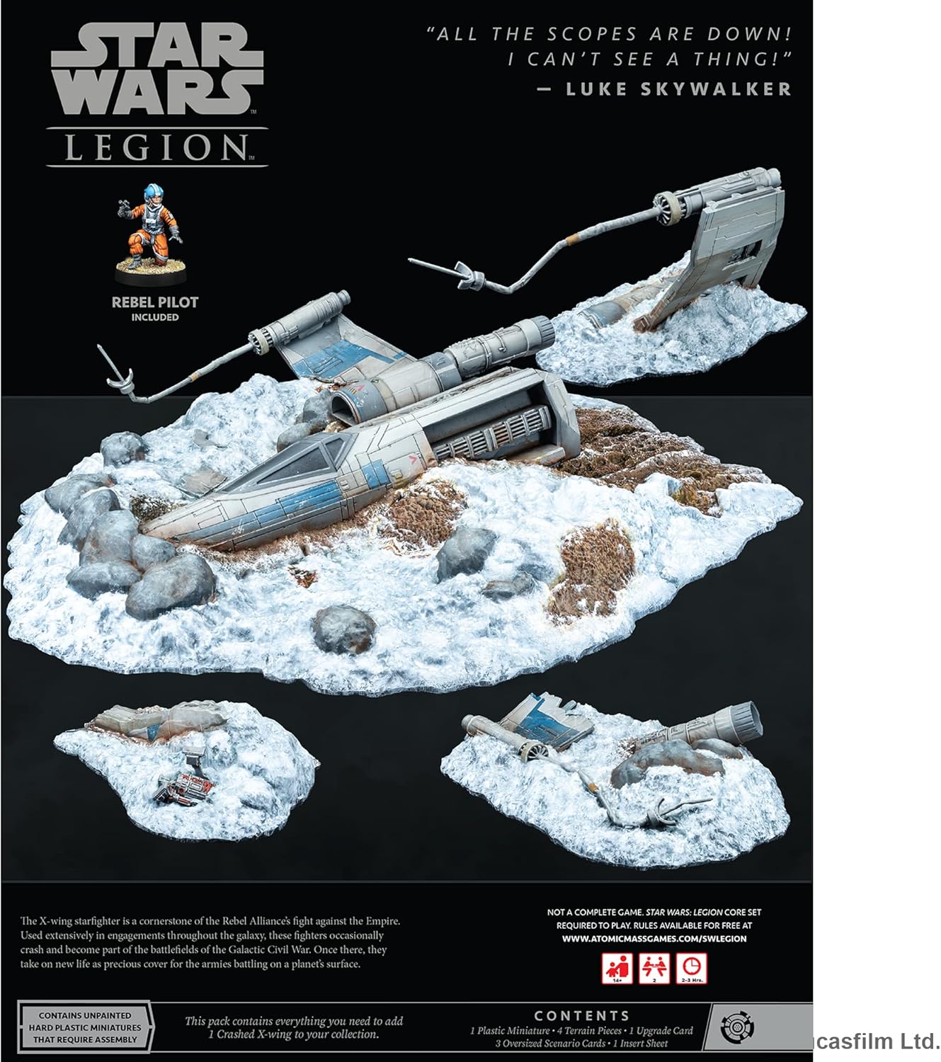 Back of the Star Wars Legion Crashed X-Wing Battlefield Expansion box showing contents