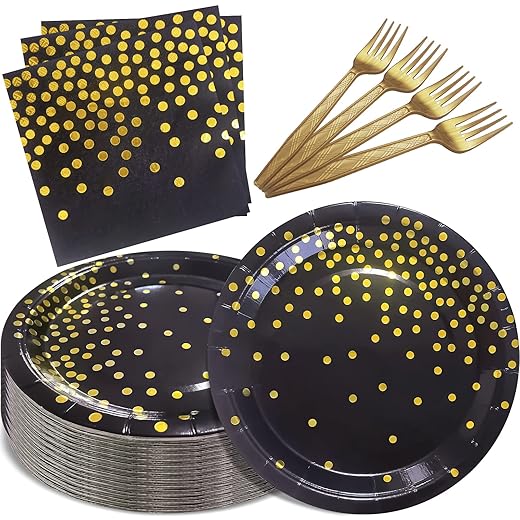 Serves 35 Guests Black and Gold Plates and Napkins Party Supplies,7" Black Paper Plates and Napkins,Disposable Party Dinnerware for Birthday Wedding,Graduation
