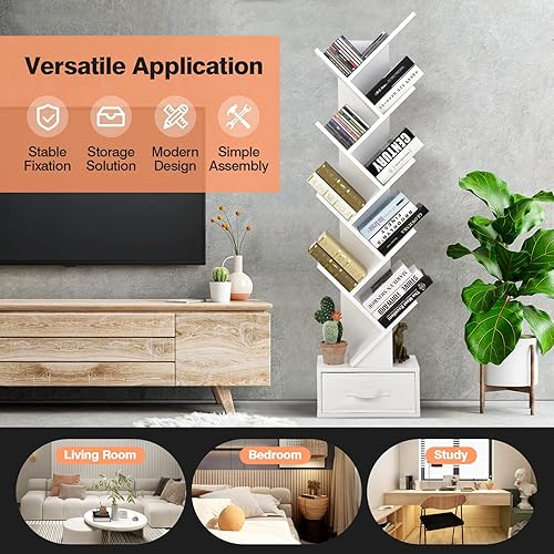 Miniatura 27 de Tangkula Estantería de árbol de 10 niveles con cajón, estantería rústica de esquina de 10 estantes que ahorra espacio, estantes organizadores de