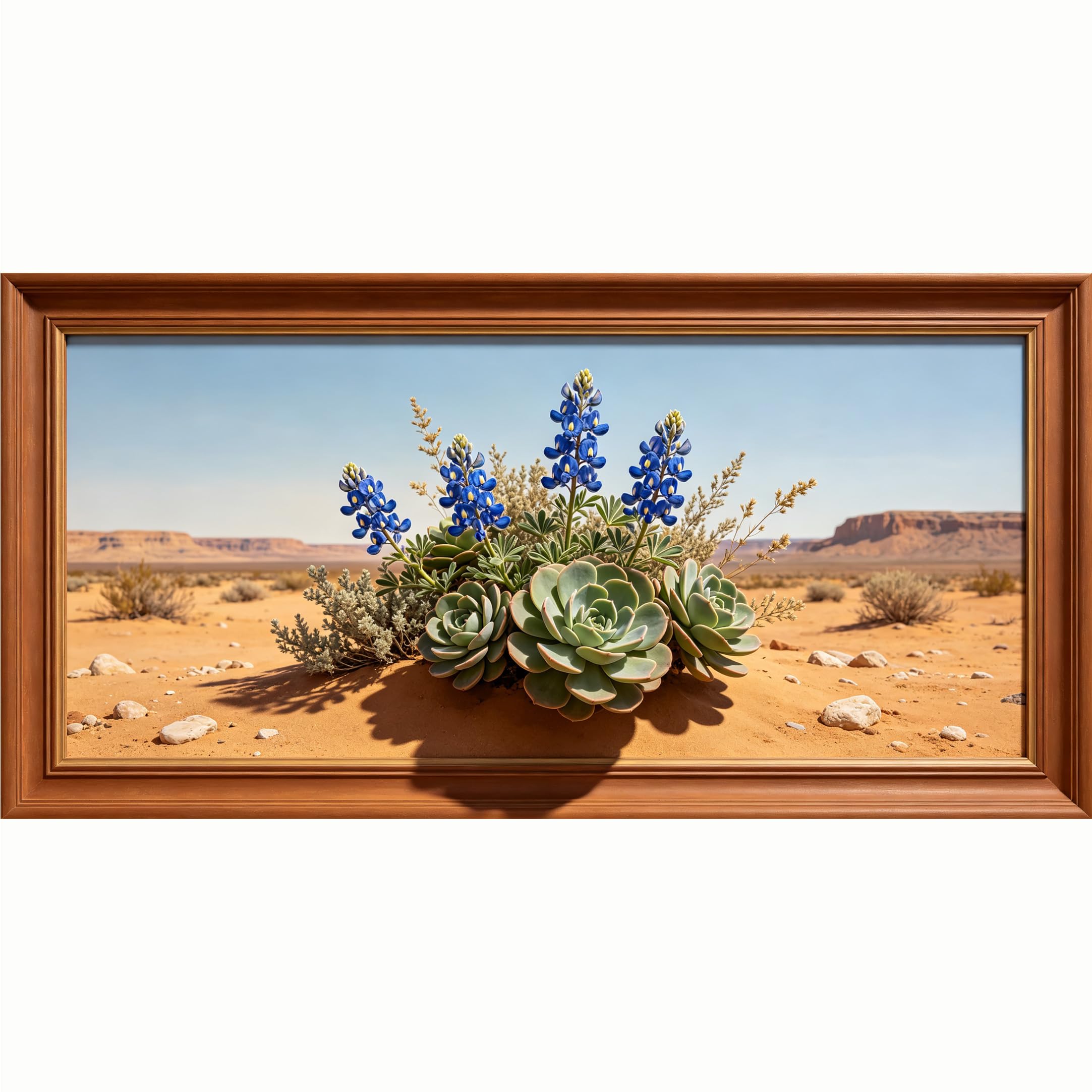 QZLITHOTIC 50x100cm 3D Framed Wall Art， Blue Lupine Desert Succulent Botanical Landscape， WaterActivated Peel & Stick Fabric Decor Wall Decal for Bedroom Living Room