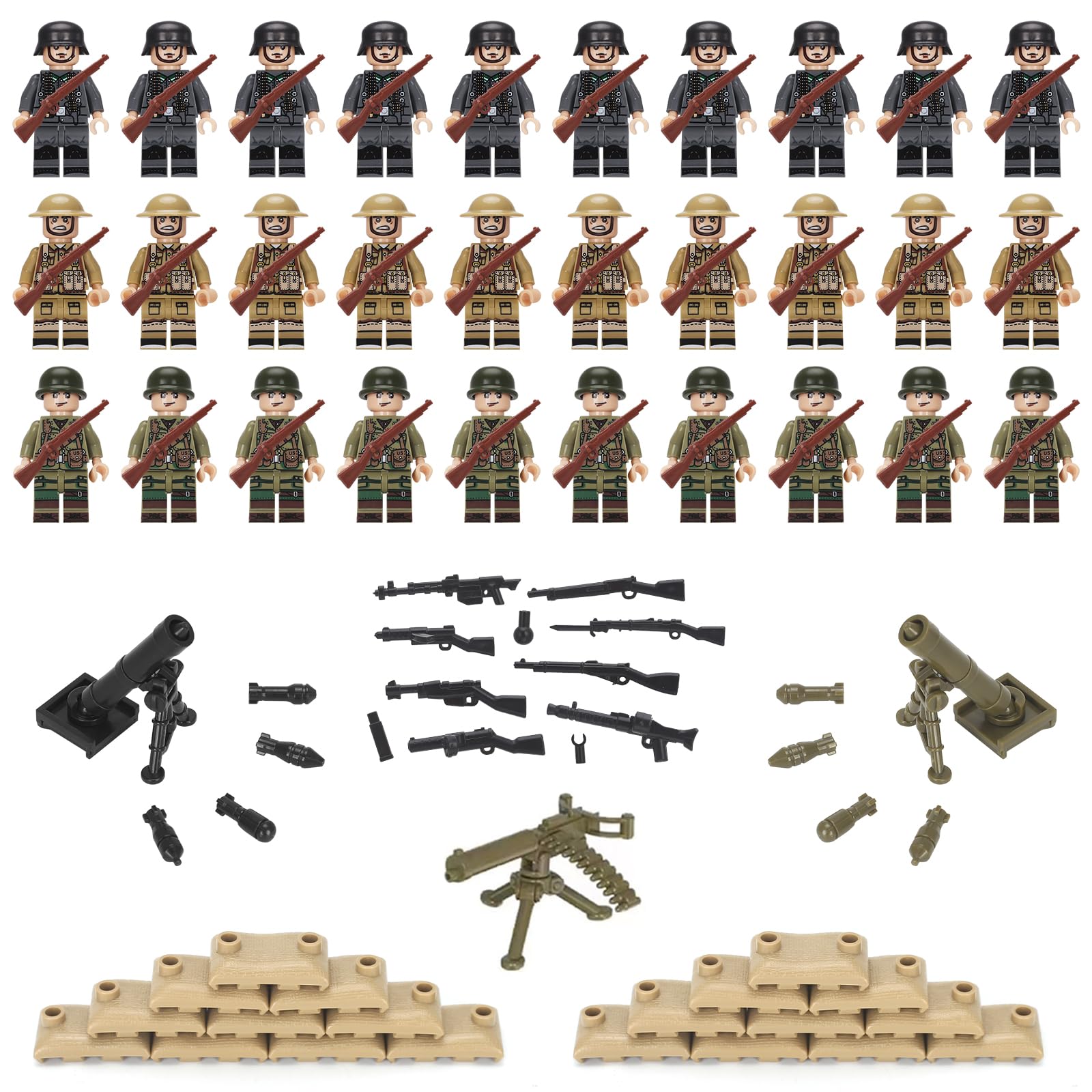 QMLING Waffen Militär Set für Figuren, 30 Mini Soldaten Figuren Spielzeug, Ww2 Armee Waffen Spielzeug Set, Ww2 Military Kit für Kinder Geschenke