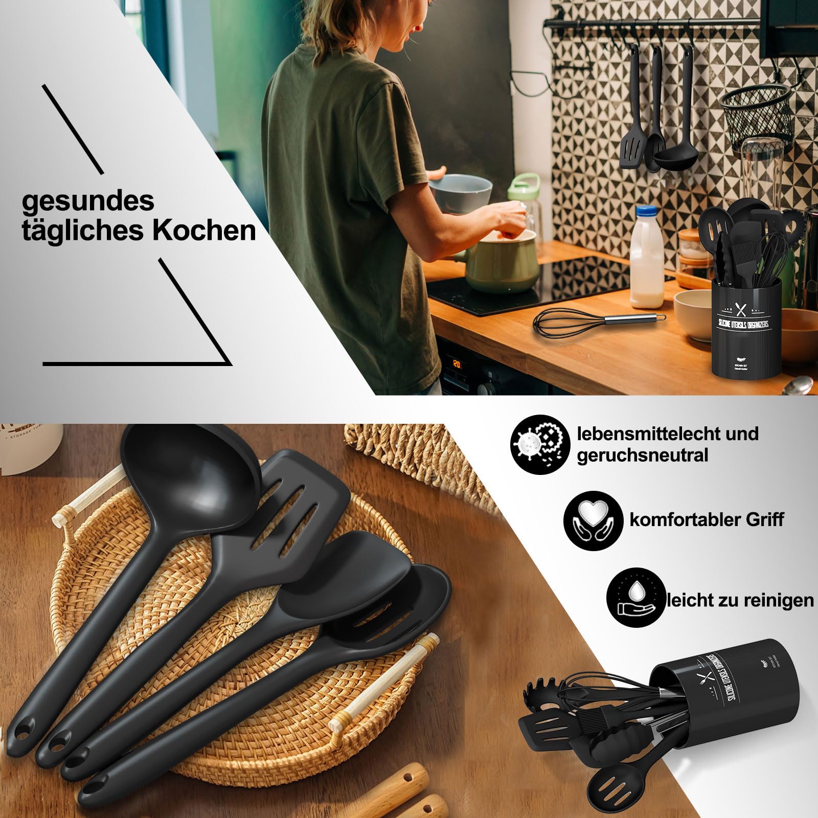 Set d'Ustensiles de Cuisine 12 Pièces en Silicone & Bois – Résistants & Élégants - The Good Place Maroc Set d'Ustensiles de Cuisine 12 Pièces en Silicone & Bois – Résistants & Élégants - The Good Place Maroc