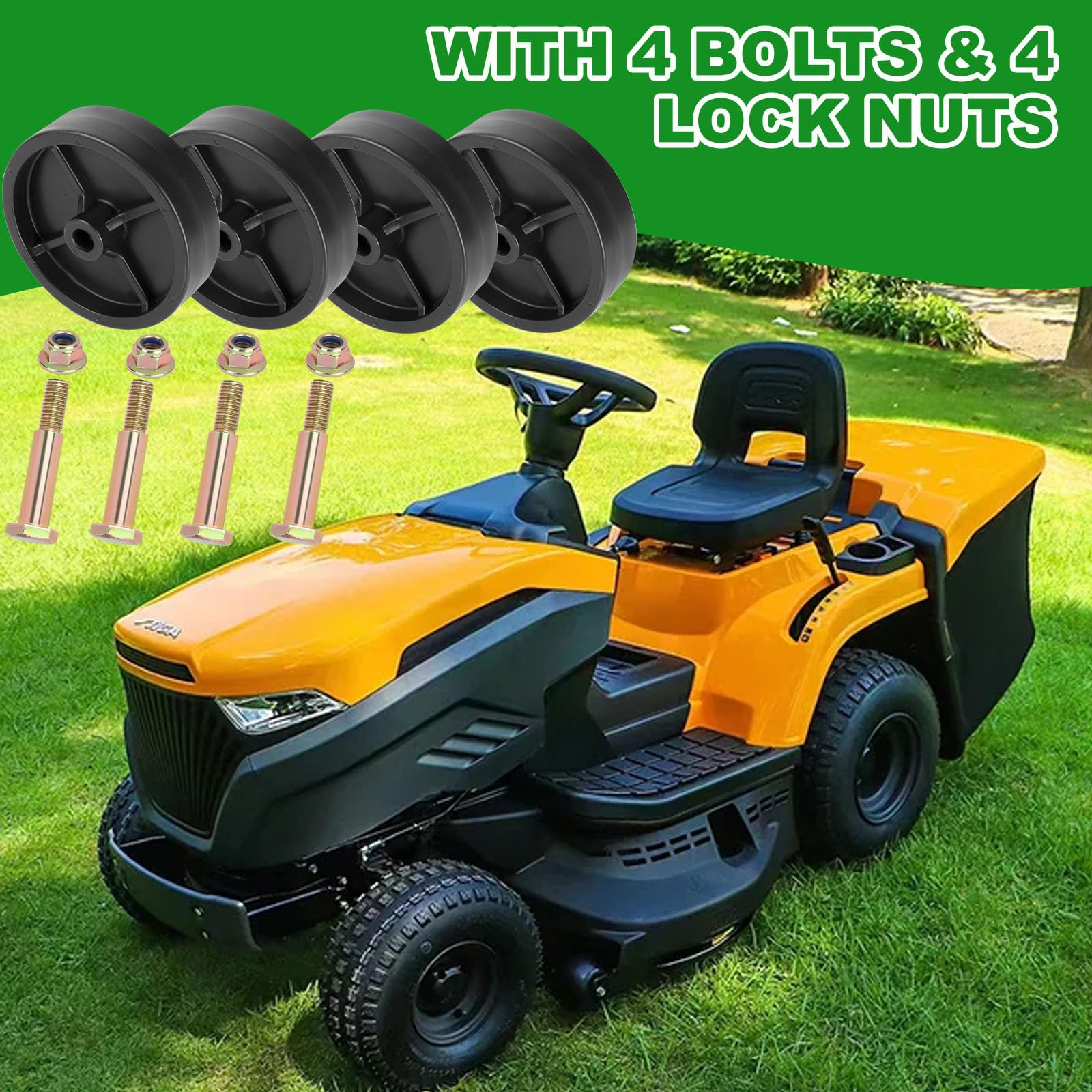 Paquete de 4 kits de rueda y pernos para cortacésped 734-0973 sustituye a la rueda de rodillo de cubierta MTD de 46 pulgadas, 42 pulgadas, 40 pulgadas, 38 pulgadas, Cub Cadet XT1-LT42 XT2-LX46 LTX1045