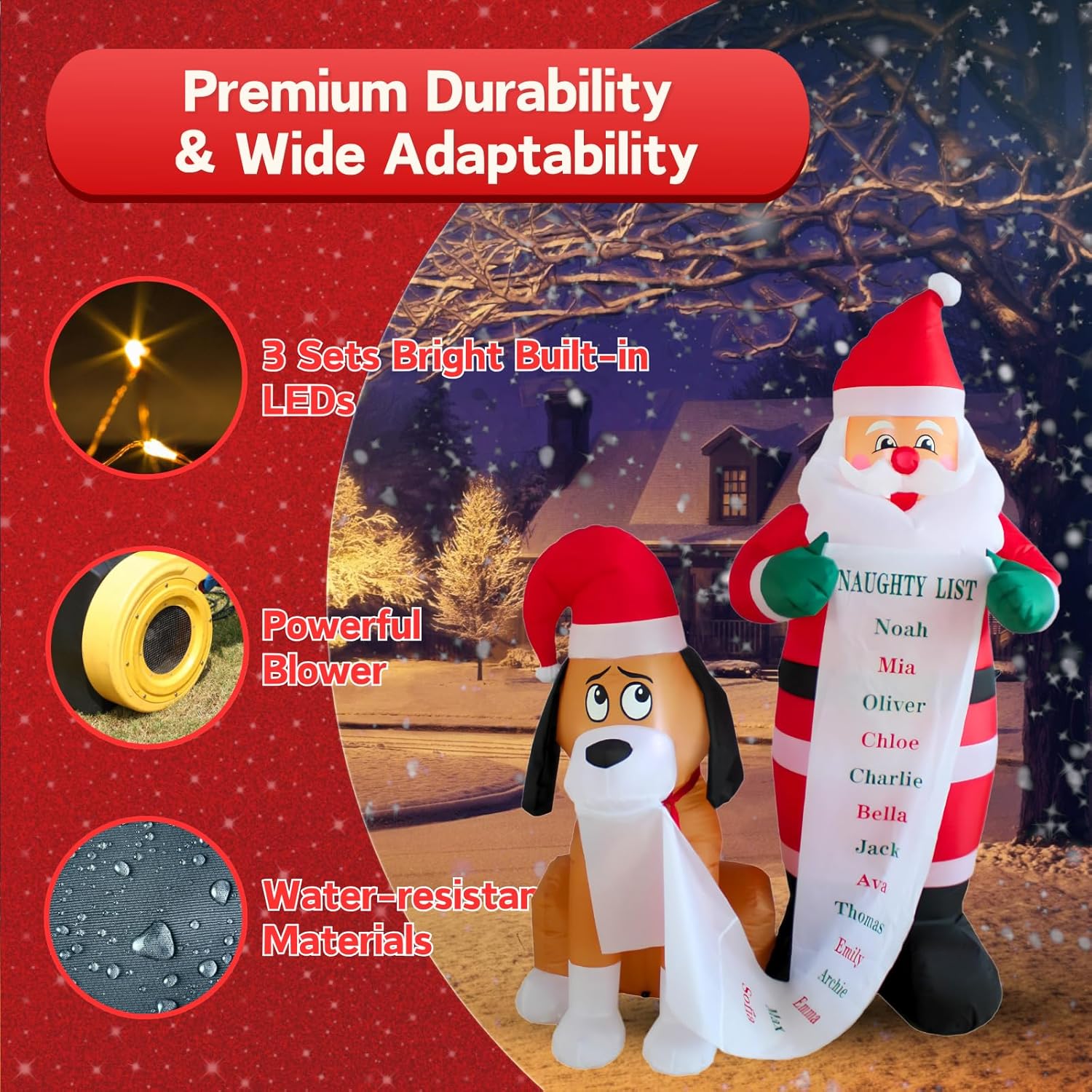 PTS 6FT Inflatable Santa with Dog Outdoor Decoration, Christmas Blow Up Yard Decorations, Built-in LED Lights Inflatables Xmas Holiday Funny Decor for Indoor Lawn Garden