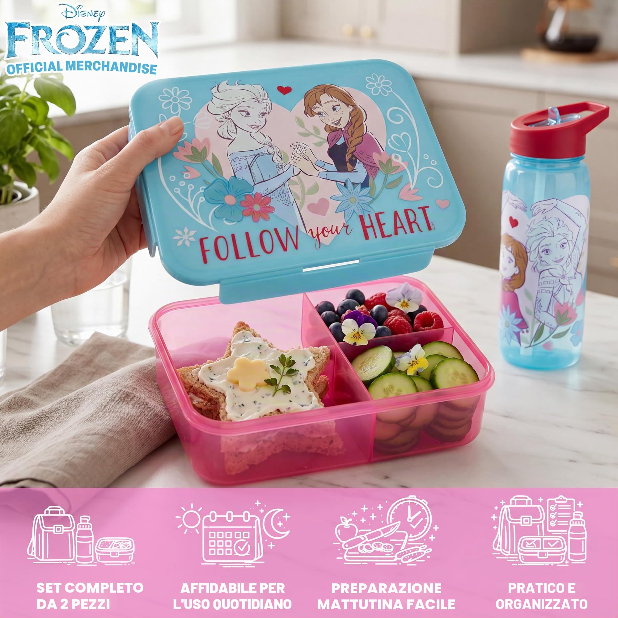Get Trend Disney Frozen Porta Pranzo Bambini, Set 2 Pezzi con Senza BPA Bento Box 3 Scomparti e Borraccia Coperchio Apribile con Cannuccia 640 ml, Scuola Idea Regalo (Turchese Frozen)