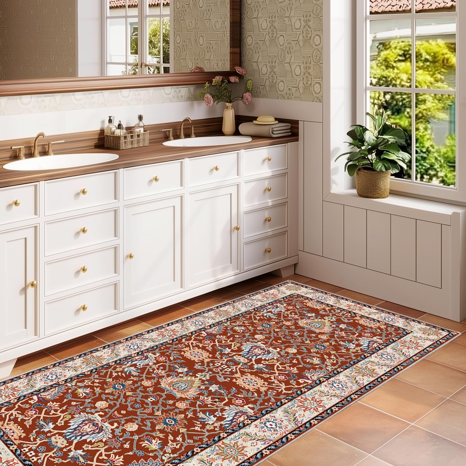 Washable 2x6 Hallway Runner Rug, Non-Slip Low Pile Cozy Kitchen Runner Rug, Brick Red Boho Vintage Floral, Ultra Soft, Stain Resistant, Pet & Kid Friendly Rugs for Bedroom Bathroom Laundry Room