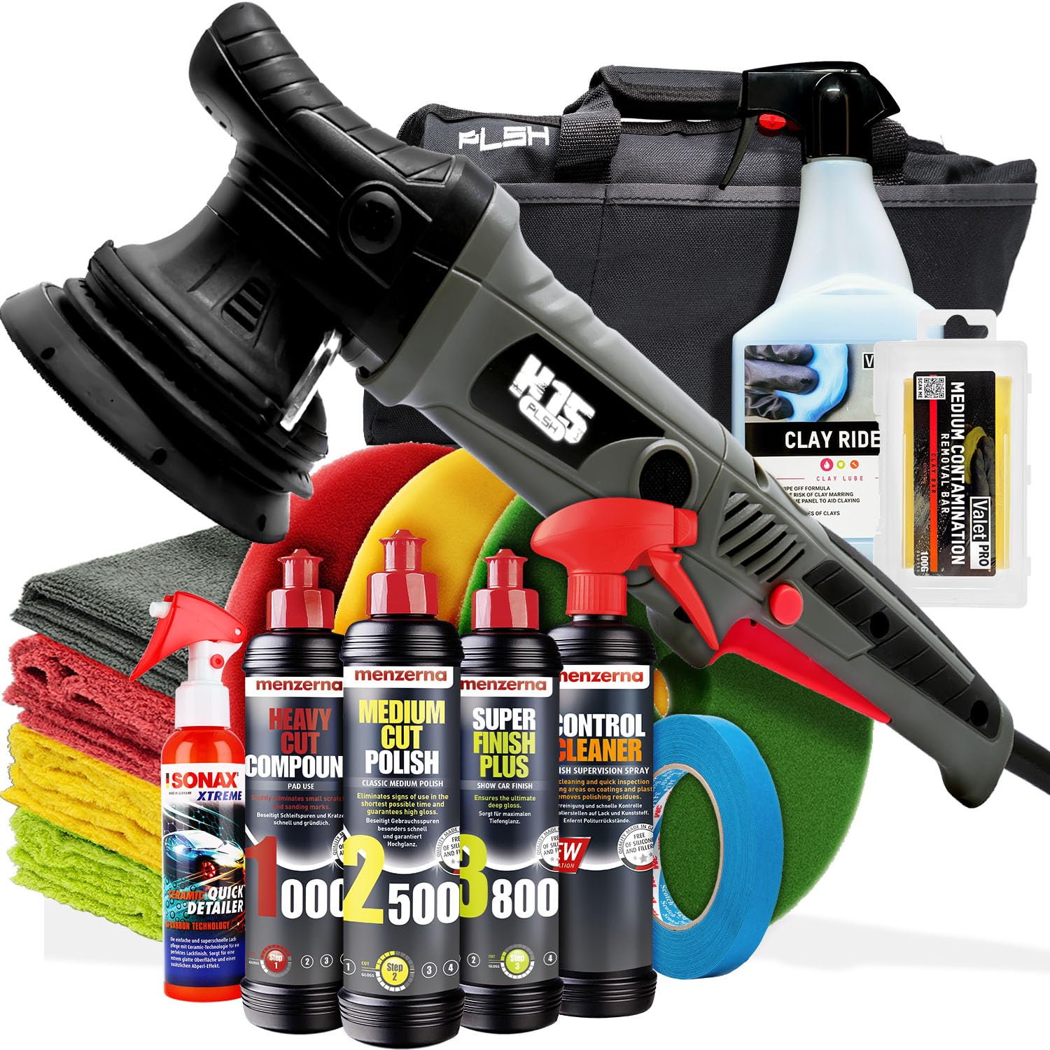 Paquete de Pulido: Pulidora PLSH H15, Abrillantador Menzerna 250ml, Almohadillas de Pulido Garage Freaks, Barra de Arcilla Soft99 Smooth Egg + ValetPRO Clay Rider 500ml + Sellador SONAX