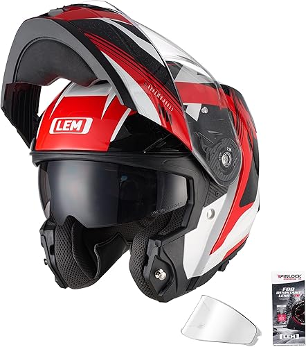 LEM Cascos de motocicleta modular de fibra de vidrio, casco de motocicleta de cara completa abatible para excursiones, certificado por DOT, visera