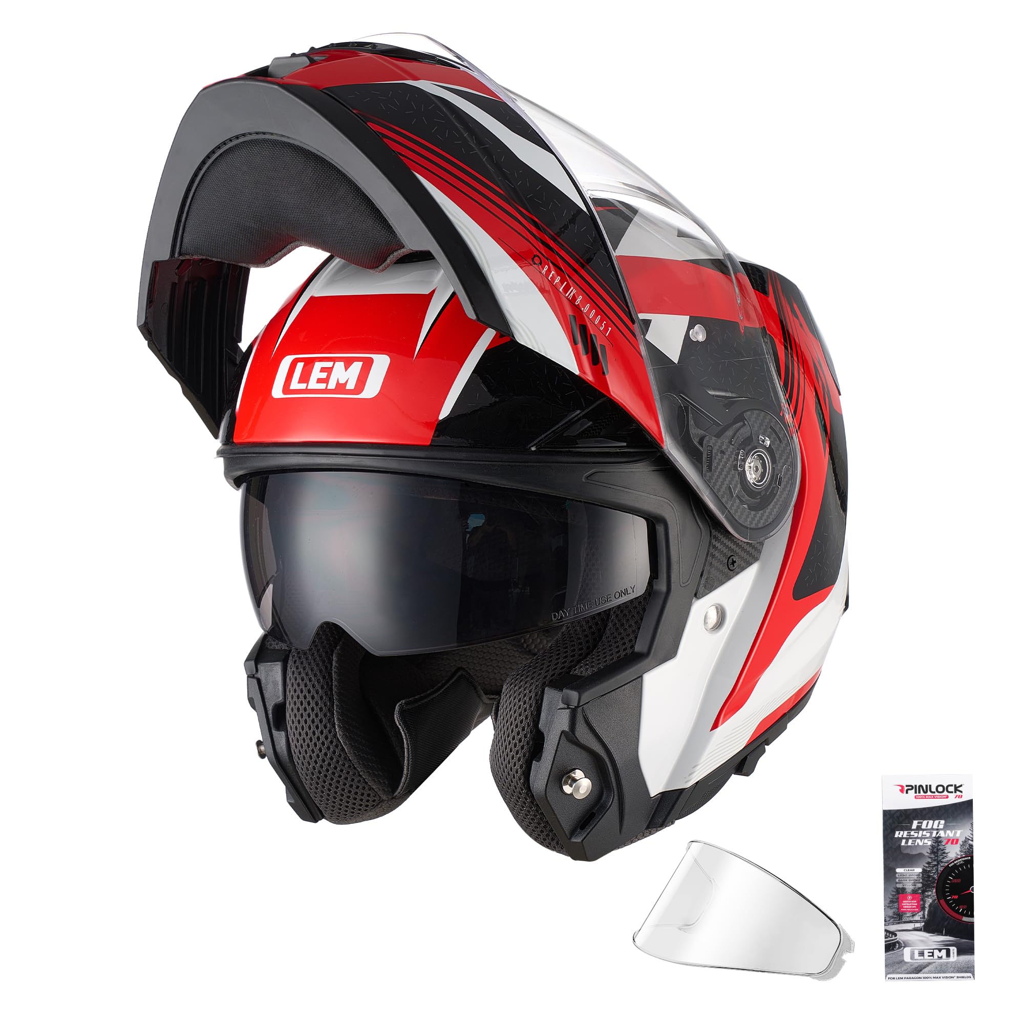 Photo 1 of LEM Modular Motorcycle Helmets Fiberglass, Full Face Motorcycle Helmet Flip Up for Touring, DOT Certified, Release Sun Visor & Removable Comfort Liner, Lightweight Street Bike Helmet (Red/White,M)