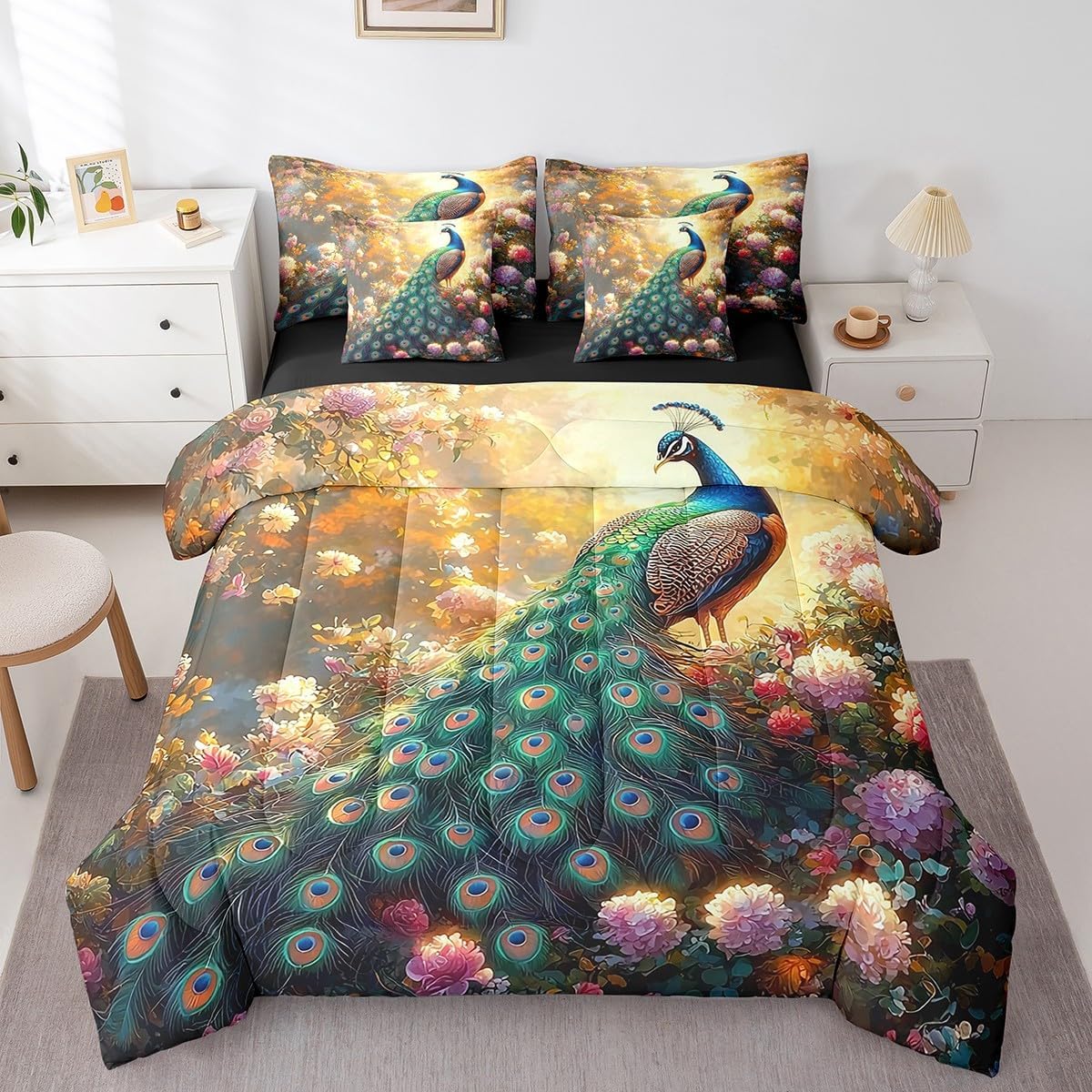 Erosebridal Floral Peacock Queen Comforter Set 7 Piece Garden Bird Animal Bedding Set for Kids Boys Girls,Luxuriant Teal Peacock Feather Bed in A Bag Flowers Plants Woodland Wildlife Bed Set