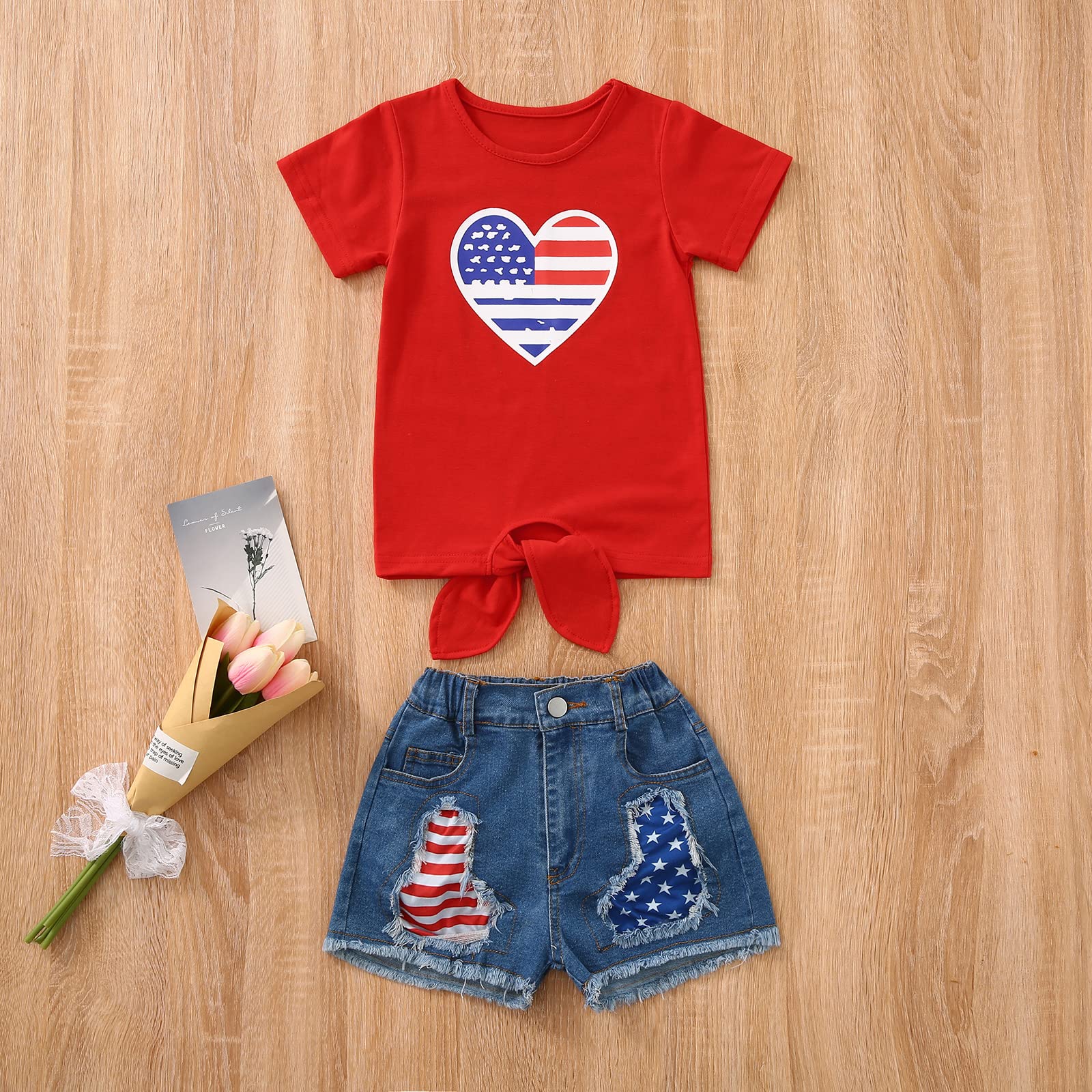 Toddler Kids Baby Girl 4th of July Outfit American Flag Short Sleeve T-Shirt Top Ripped Denim Shorts Clothes Set (Heart-Red,5-6 Years)