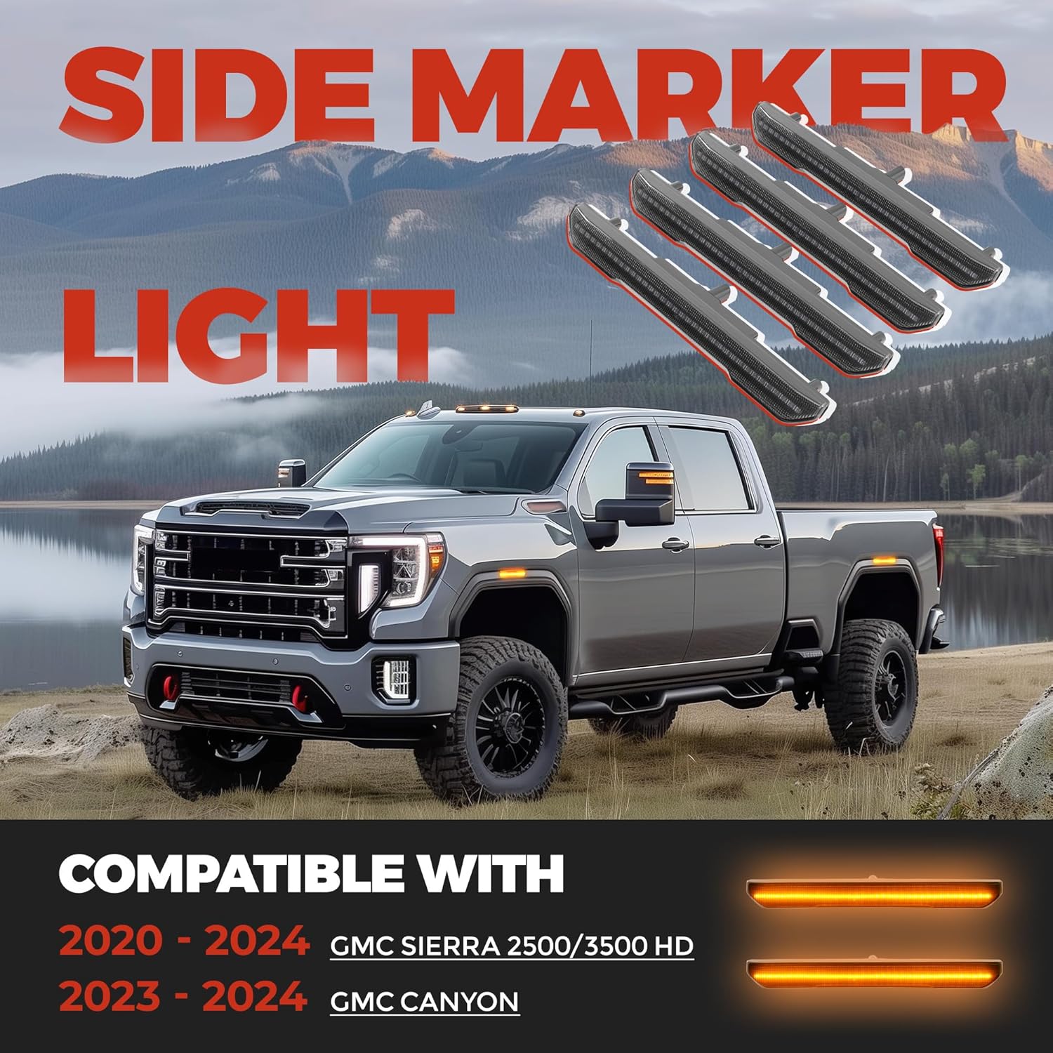 HECASA 4Pcs LED Side Marker Lights Compatible with 2020-2024 GMC Sierra 2500/3500 HD 2023-2024 GMC Canyon Replacement for 84185031 84806032 LED Front Rear Side Marker Lamps Amber - Smoke Lens